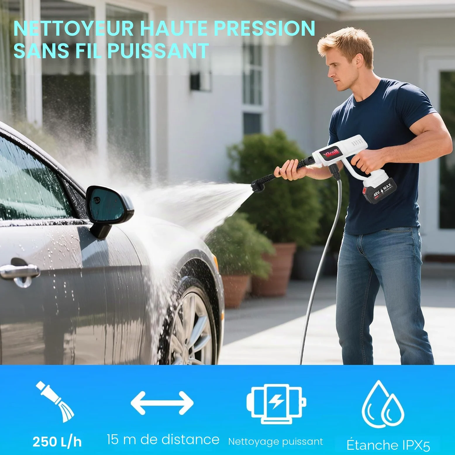 Nettoyeur Haute Pression Portable sans Fil, 6-en-1 Buse Multifonction | Buse 6-en-1, batterie longue durée et tuyau 5 m. Parfait pour la voiture, le jardin, les vitres et la piscine.