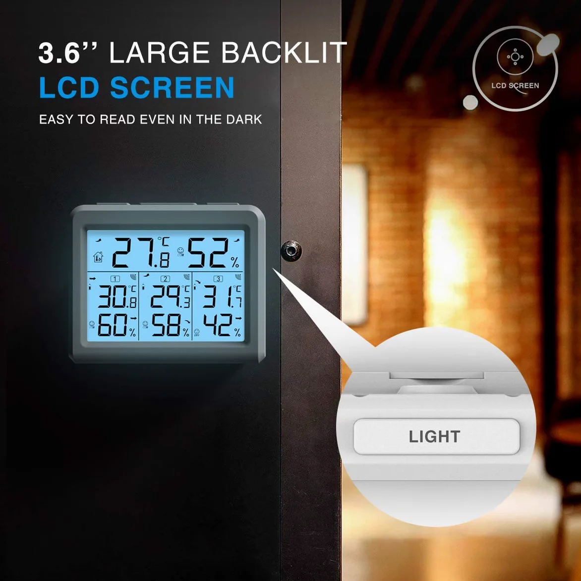 Indoor Outdoor Thermometer, Temperature Humidity Monitor with 3 Wireless Sensors, Humidity Gauge with LCD Backlight, Room Thermometer Hygrometer for Home