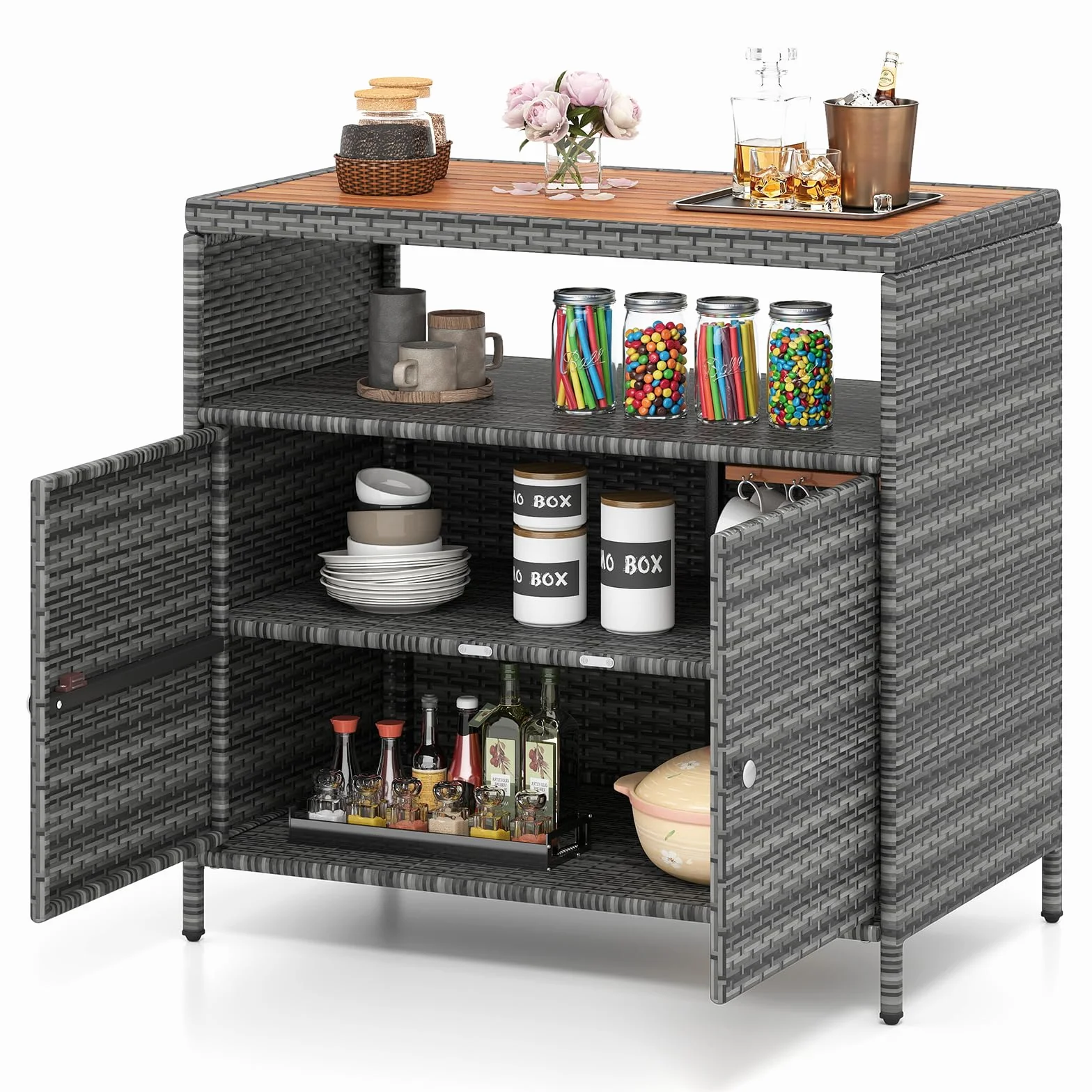 COSTWAY Armoire de Rangement Exterieur en Rotin, Jardin avec Plateau en Bois d'Acacia, Buffet 2 Portes, Gris