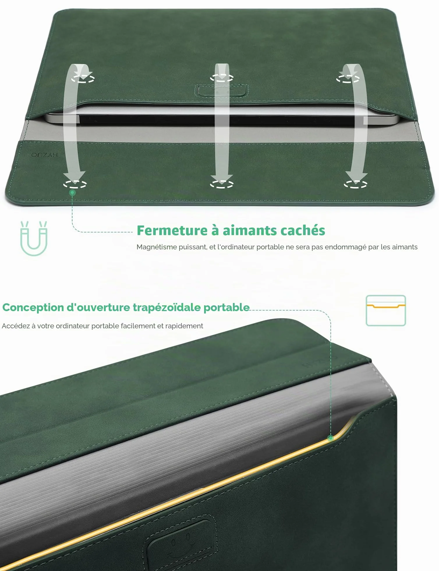 HYZUO 13,3-14 Pouces Housses Ordinateur Portable Sacoche avec Fonction Stand pour MacBook Pro 14 M5/M4/M3/M2/M1 2026-2021, MacBook Pro/Air 13,3, 13,5" 13,8" Surface Laptop, Vert Minuit