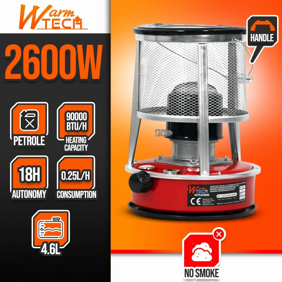 Warm Tech Chauffage au pétrole avec mèche 2600W 9000Btu/h Réservoir 4.6L