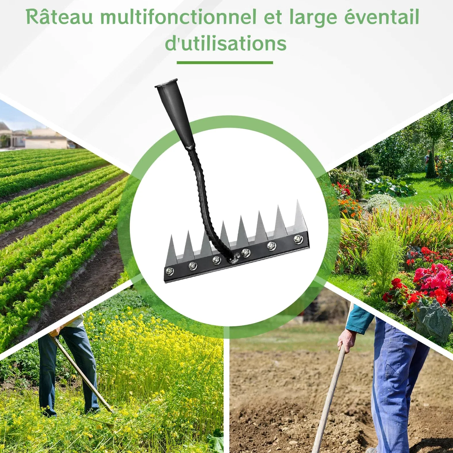 Râteau de Désherbage de Jardin en Acier Allié, Outillage Manuel de Jardin, Râteau de Désherbage avec Poignée Ergonomique pour Terre et Pelouse, 8 Dents