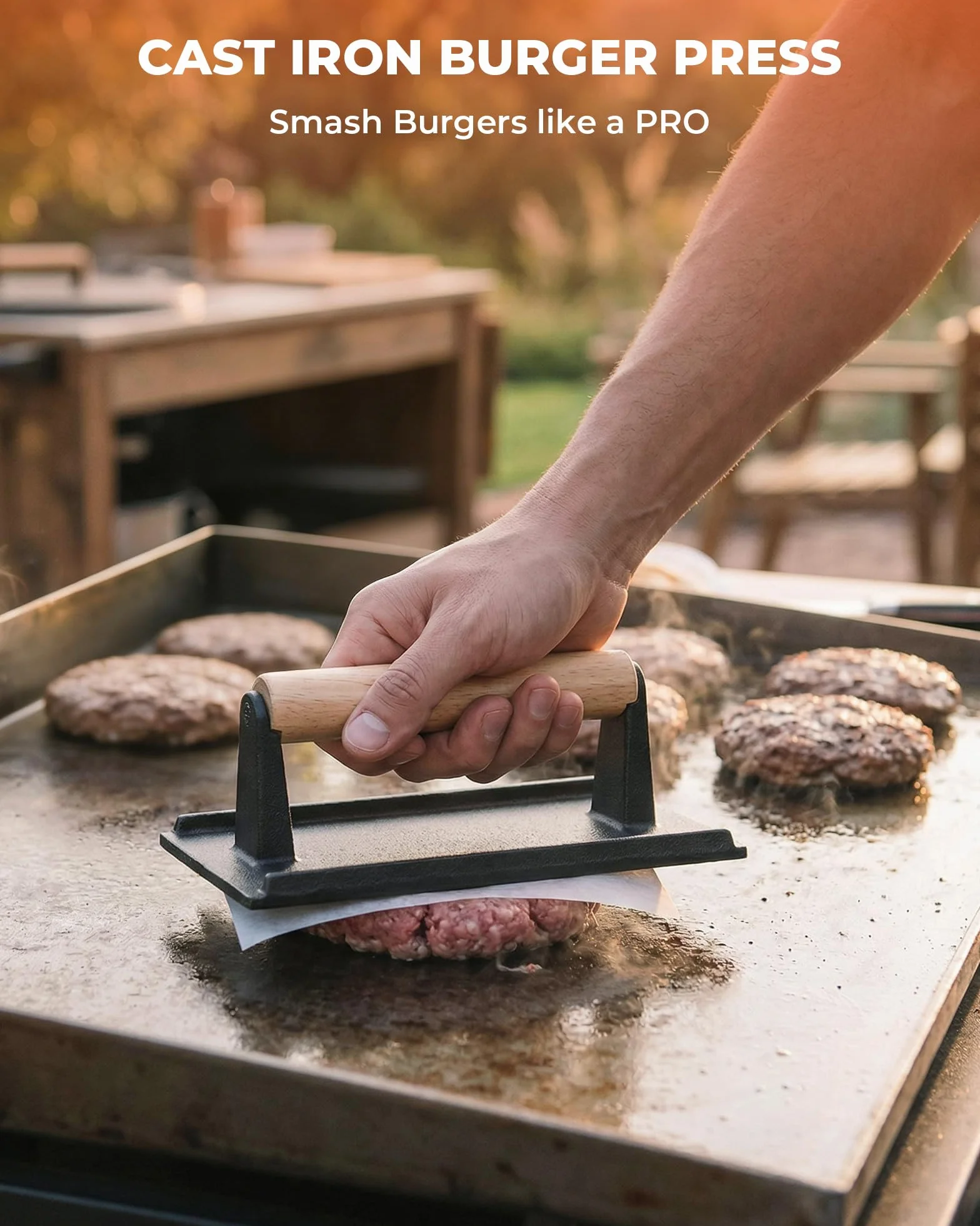 Onlyfire 4 Pièces Ustensiles Plancha Acier Inoxydable Spatule Poids Barbecue Fonte Poignée Bois Professionnel BBQ Kit Teppanyaki