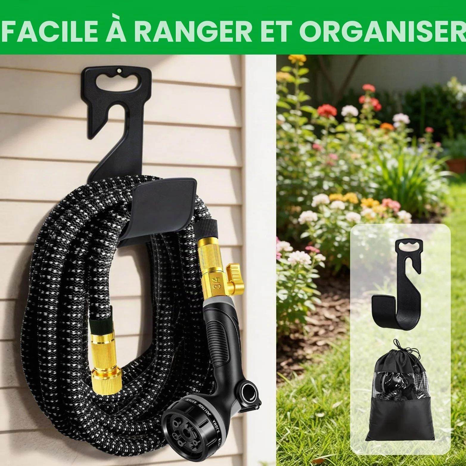 Tuyau Arrosage Extensible 45m, Tuyau d'arrosage Retractable avec 1/2" et 3/4" Adaptateur, Tuyaux d'arrosage avec 10 Modèles de Pulvérisation pour Jardin Irrigation Nettoyage Laver la Voiture