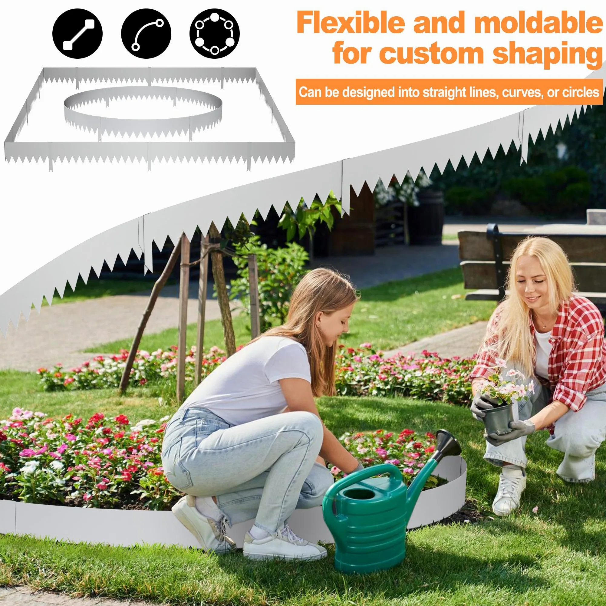 Lot de 25 bordures de pelouse de 20 cm de haut en acier galvanisé - Bordure de parterre de jardin avec pointes - 100 cm - Protection contre les racines - Bordure de pelouse en métal pour chemins