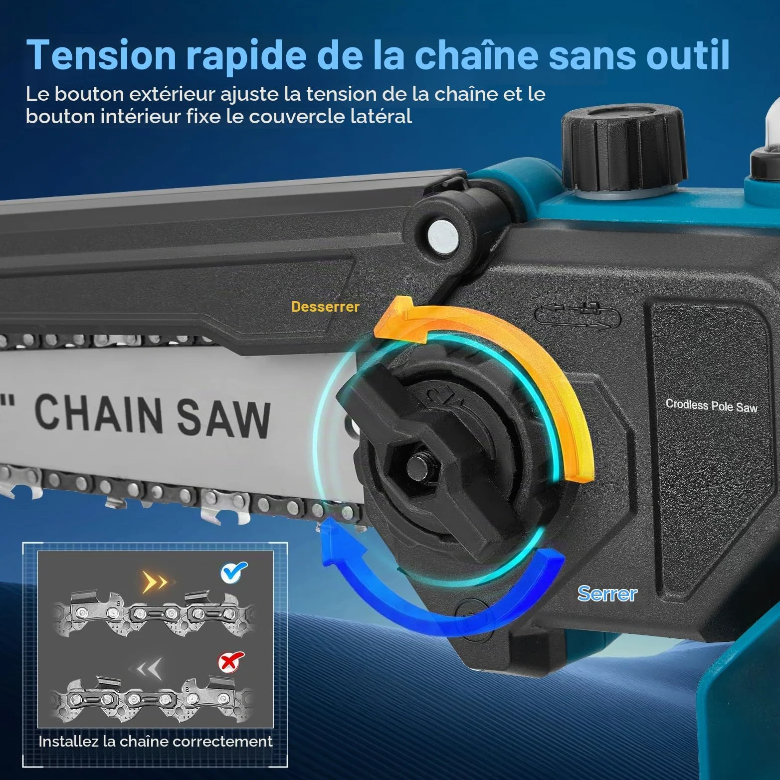 Élagueuse sur perche sans fil 4 en 1, mini tronçonneuse sans balais 6 et 8 pouces avec 2 batteries de 4000 mAh, portée de 4,6 m, outil de jardinage pour l'élagage et la coupe de branches