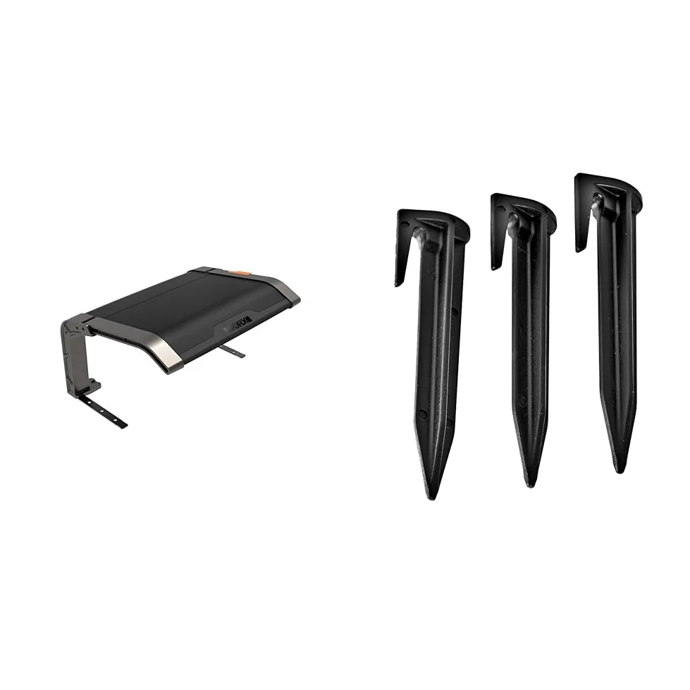 WORX - Garage avec toit rigide pour tondeuse robot WORX LANDROID - (Noir) & Lot de 100 piquets de fixation pour câbles périphériques - WA0179 - Accessoires pour tondeuses robots WORX LANDROID