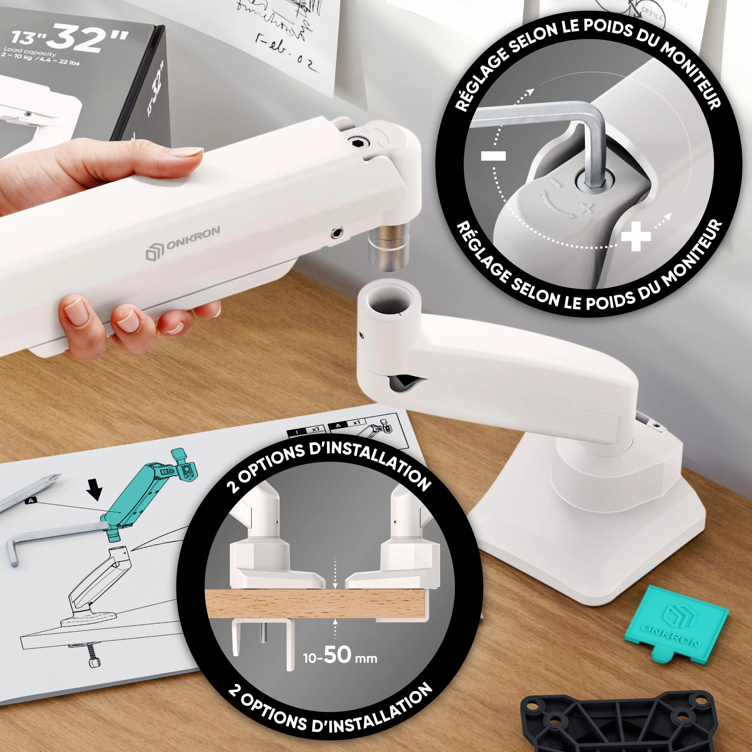 ONKRON Support Ecran PC Bras Articulé 13-32 Pouces 10 kg VESA 75x100 Blanc G80-BW