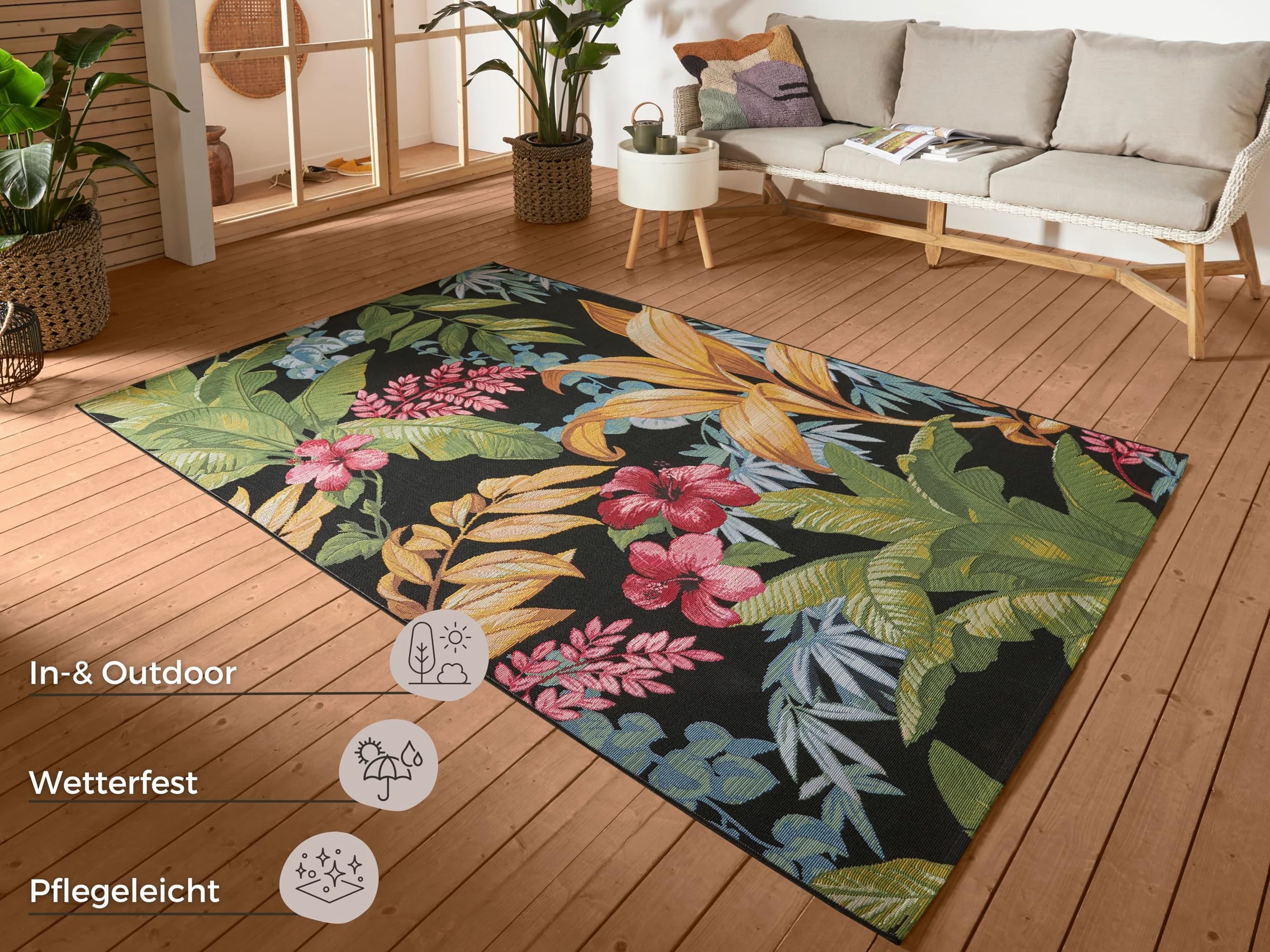 HANSE Home Tropical Flowers - Tapis d'intérieur et d'extérieur - Tissage Plat - Design Floral - Certifié Öko-Tex - Résistant aux intempéries et aux UV - pour Balcon, terrasse, Jardin - Multicolore -