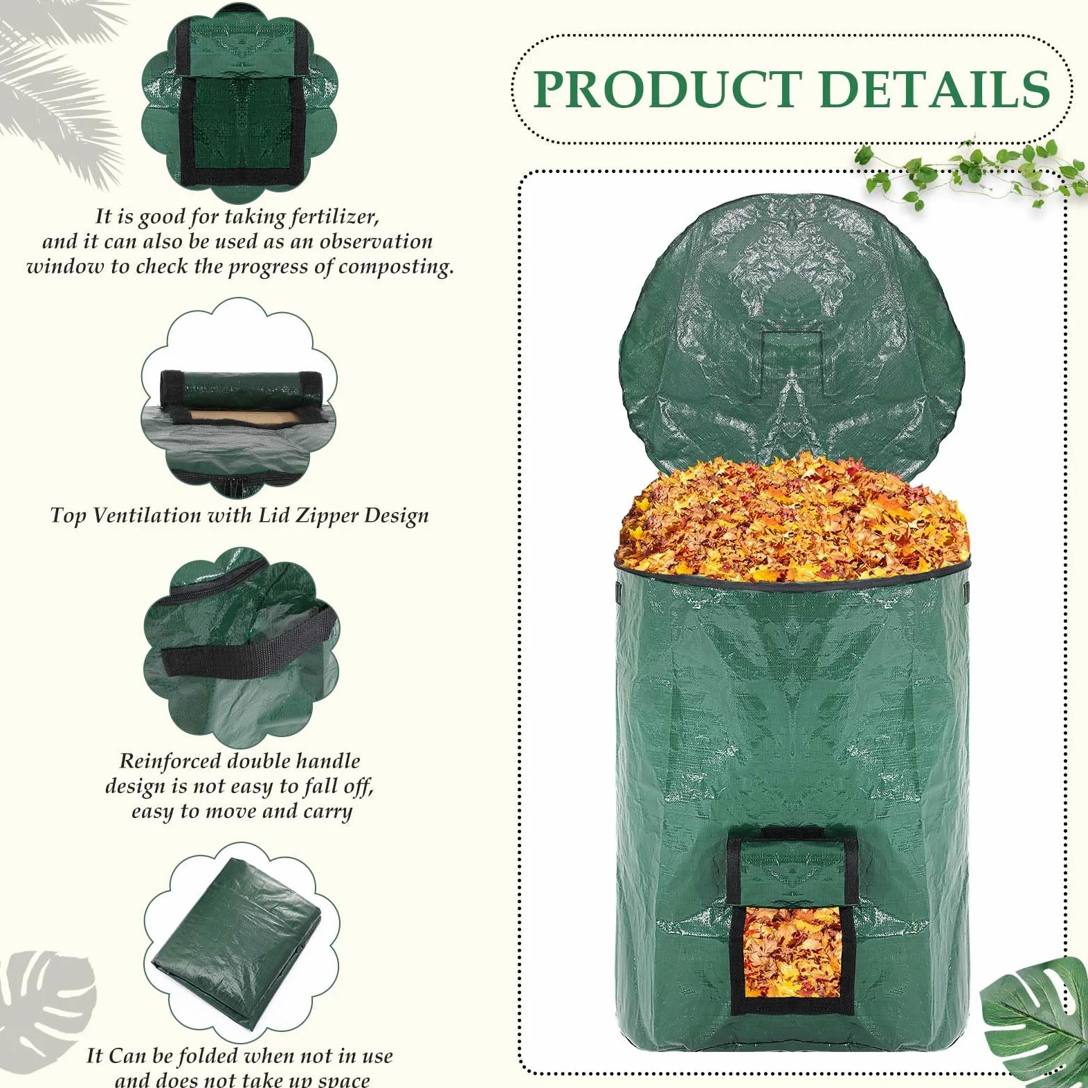Berlune Lot de 6 sacs à déchets de jardin réutilisables avec couvercle et poignées - Très grands sacs de pelouse pour ramasser les feuilles - Conteneur de déchets de jardin très résistants pour débris