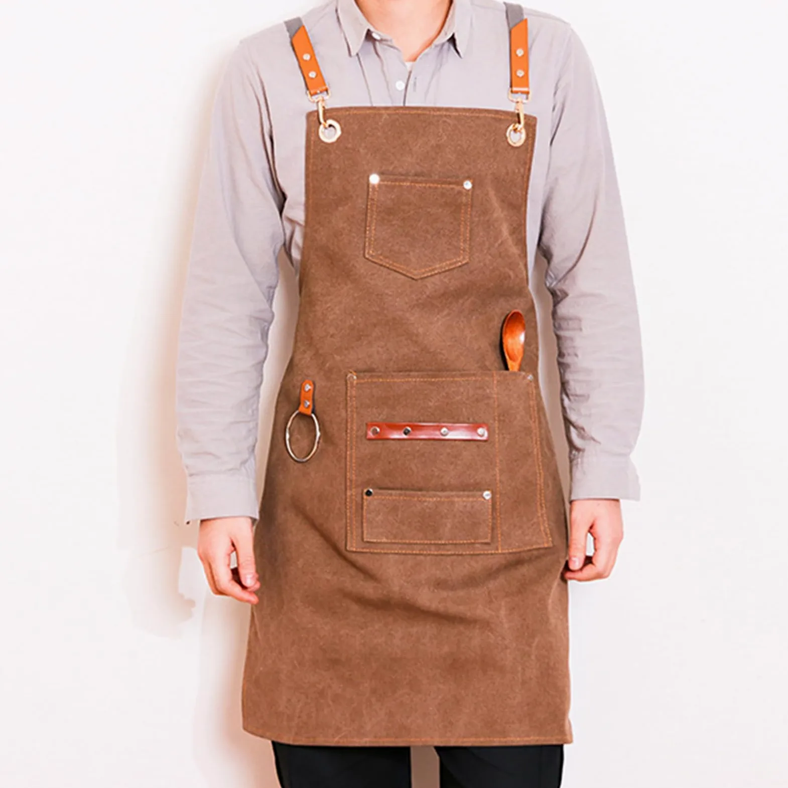 Tabliers, Tablier de chef croisé for homme et femme, avec bretelles réglables grandes poches, en toile, bleu
