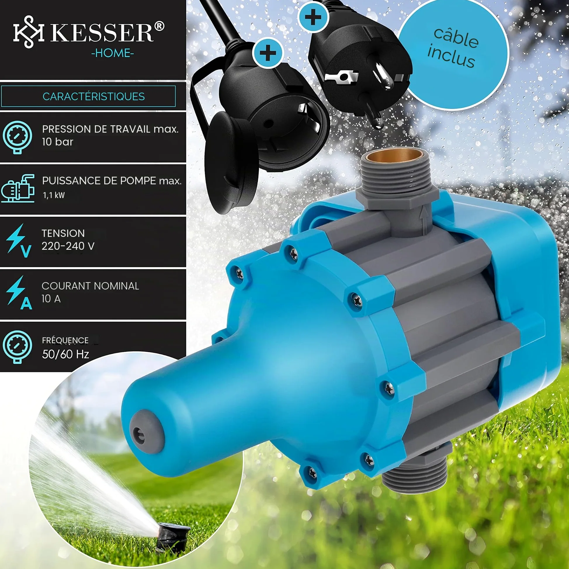 KESSER Interrupteur de pression - 10 bar - Commande de pompe - Eau domestique - Arrosage de jardin - Avec câble - Pression constante de l'eau - Jardin et maison - Arrêt automatique