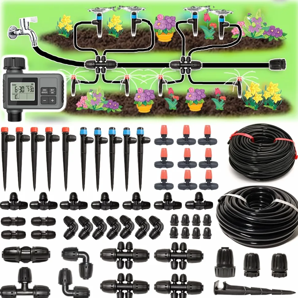 Système d'irrigation goutte à goutte de 71 m avec minuterie pour kit de jardin, équipement d'irrigation automatique, raccords de verrouillage, micro goutte à goutte, pulvérisateur ventilateur à 360