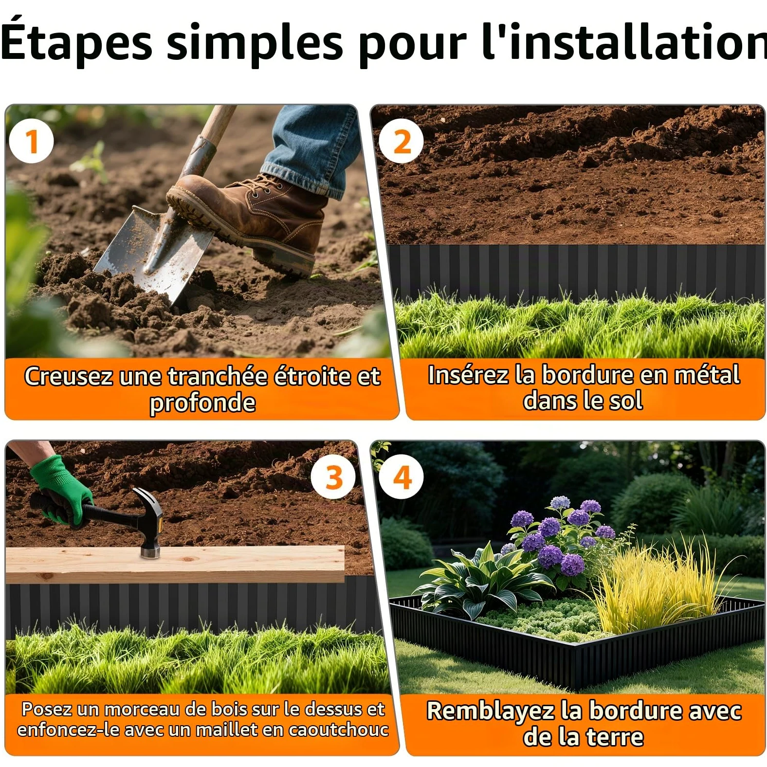 Lot de 4 Bordures de Jardin en Métal Galvanisé Ondulé Noir, 600×0,15×20 cm, Bordure de Pelouse Flexible pour Décoration Paysagère, Parterres de Fleurs et Plantes