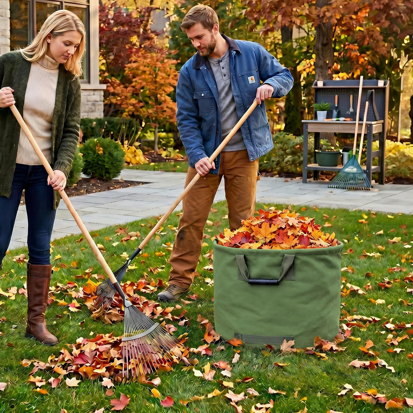 Lot de 3 sacs à déchets de jardin de 125 l pour charges lourdes | Sacs à feuilles robustes en toile militaire indéchirable avec poignées de transport (diamètre 55,8 cm, hauteur 45,7 cm)