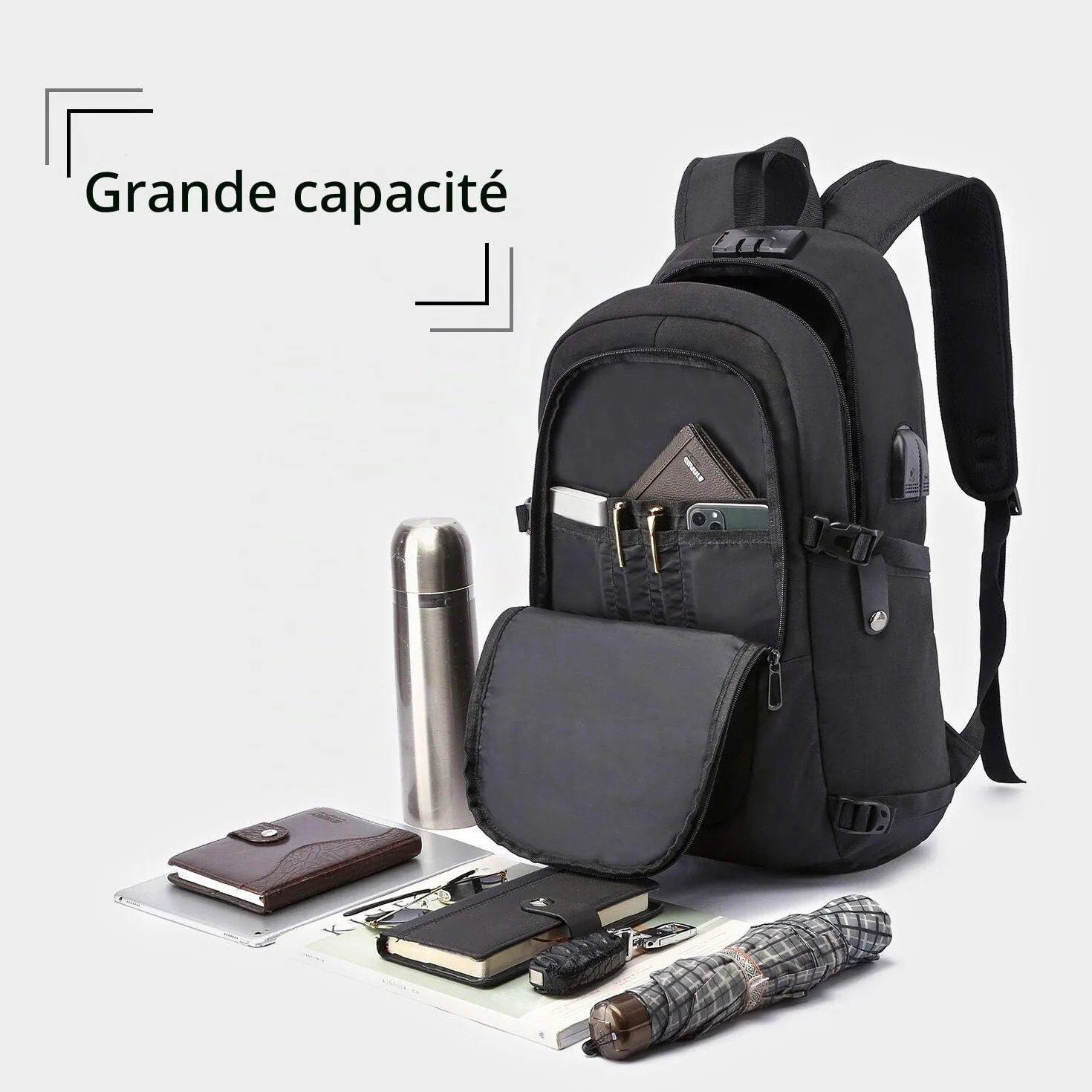 Antivol Sac à Dos Ordinateur Portable 15.6 Pouces Homme Imperméable USB Charging Port Sac à Dos D'affaires Noir