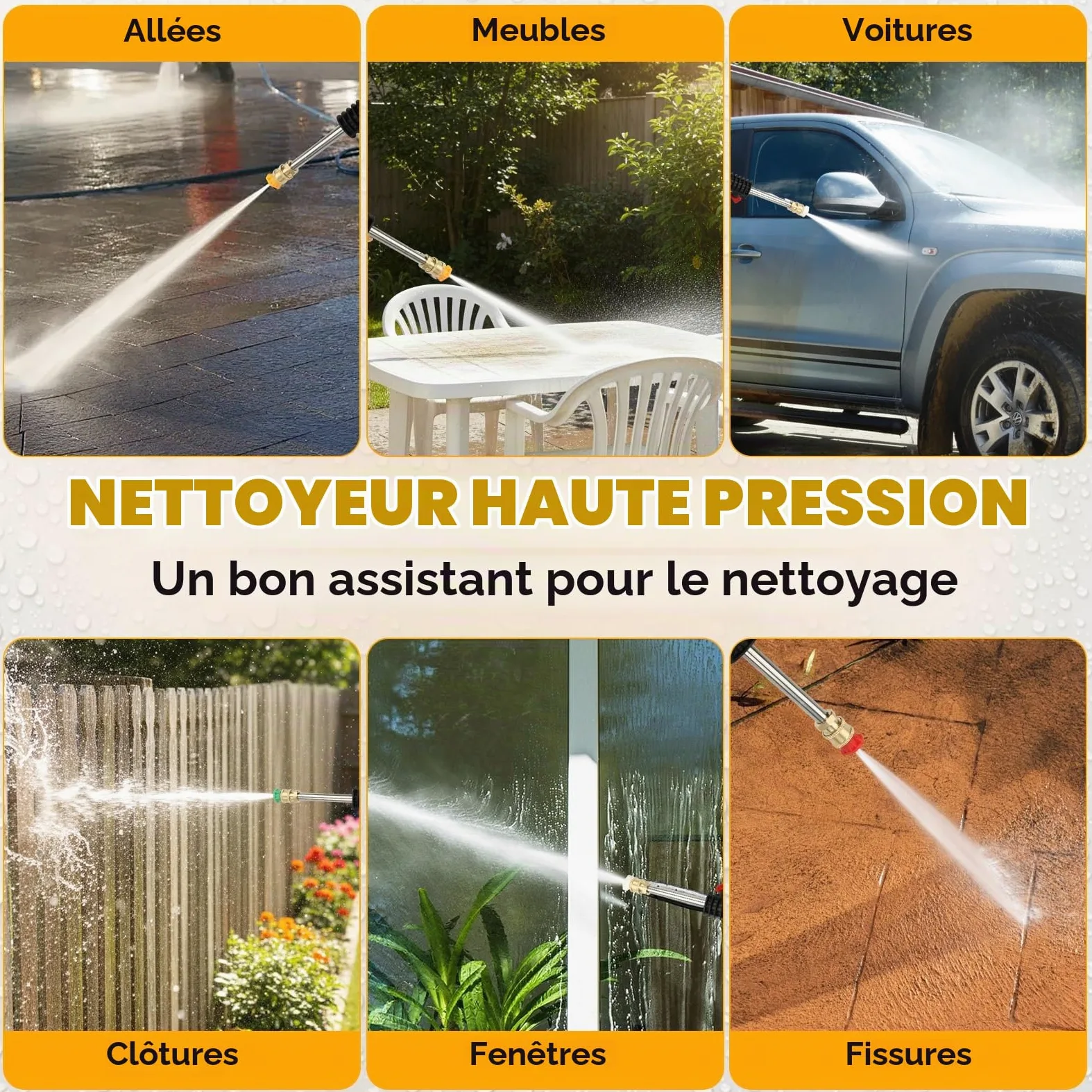 Nettoyeur Haute Pression, 80 Bar, Pression de Travail débit 300 l/h, Mobile, Pistolet Haute Pression avec buse réglable, pour Voitures, clôtures, terrasses, avec Tuyau de 10 m