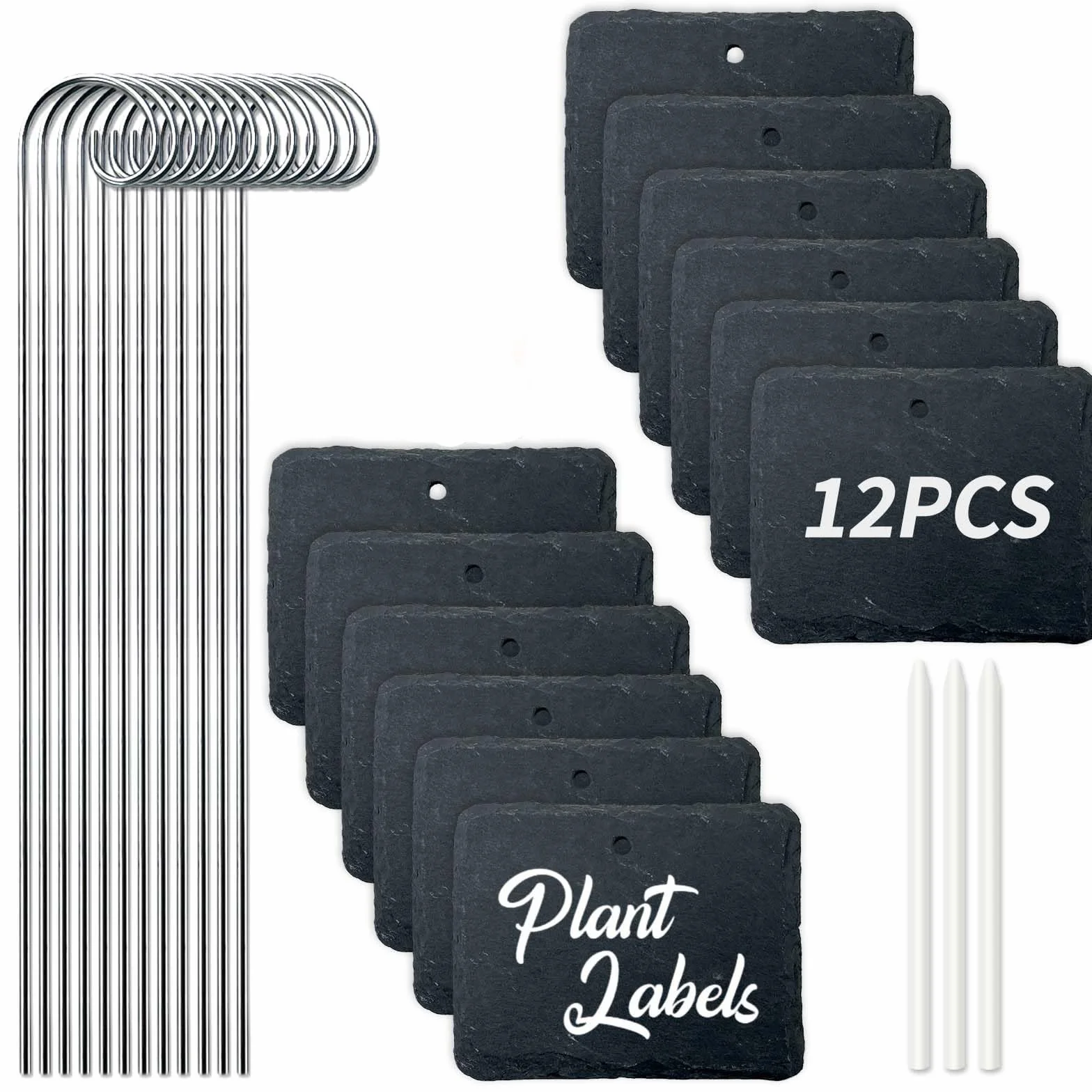 Étiquettes Plantes Ardoise Rectangulaires Lot de 12 avec Tige Métal Imperméables Extérieur Marqueurs Jardin Réutilisables Stylo Craie
