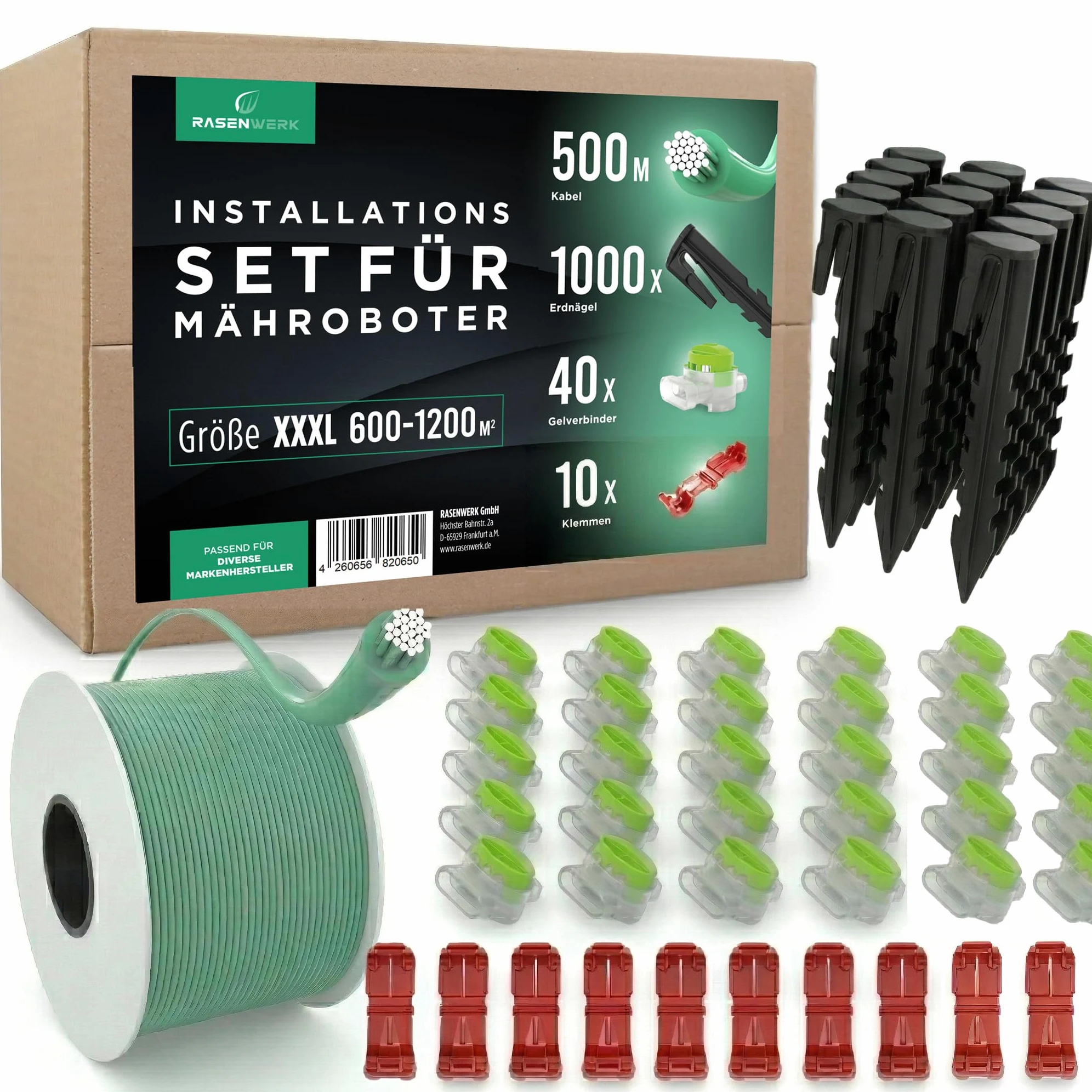Kit d'installation de câble périphérique RASENWERK® pour robots de tonte - 1000 piquets - 40 pinces de connexion - 500m de câble périphérique pour robots de tonte - 3 pinces de connexion
