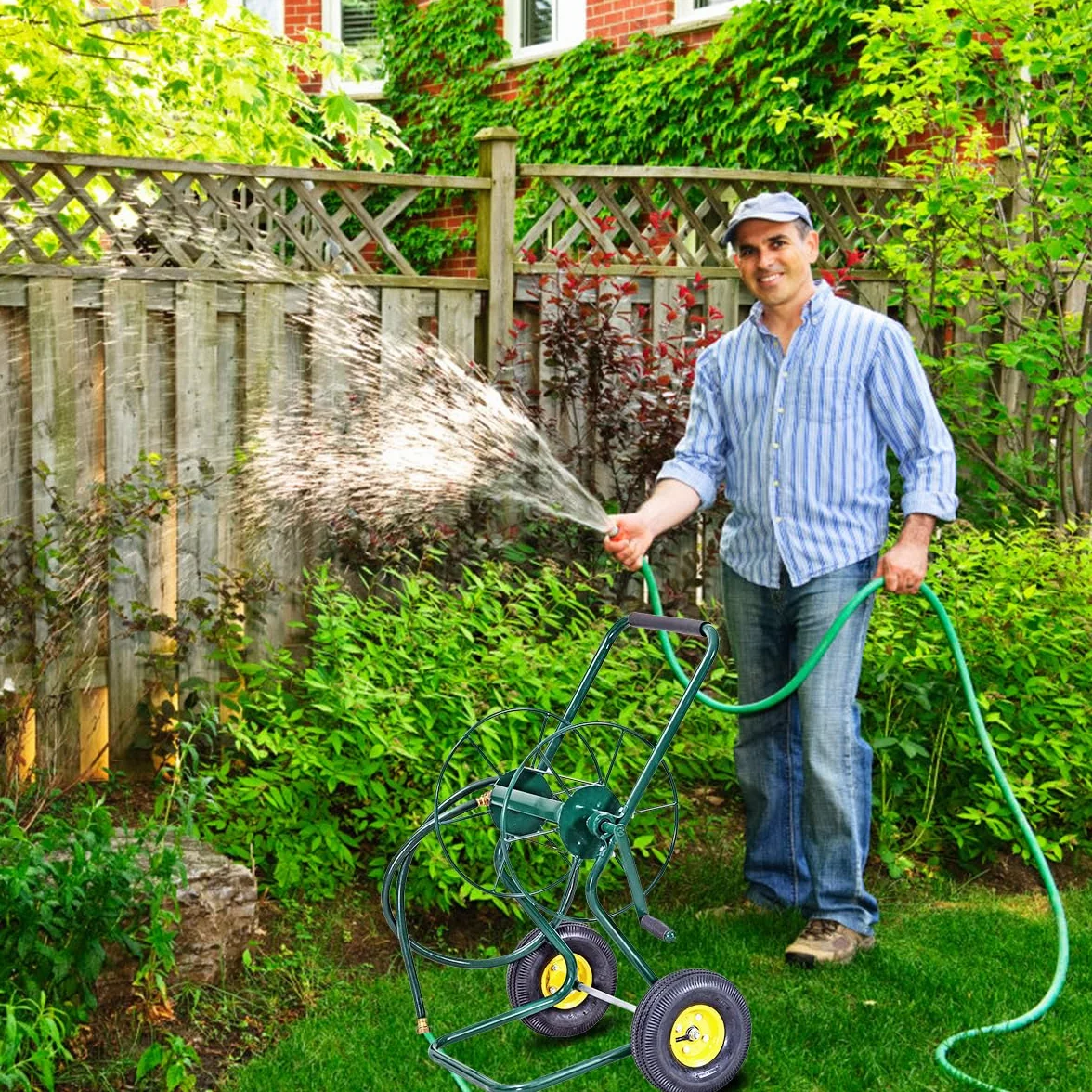 GOPLUS Chariot Enrouleur Tuyau d'Arrosage, Chariot Tuyau d'Arrosage avec 2 Roues, Cadre en Métal, Grande Capacité, Mécanisme de Manivelle, Support de Tuyau d'Arrosage pour Jardin, pour Jardinage