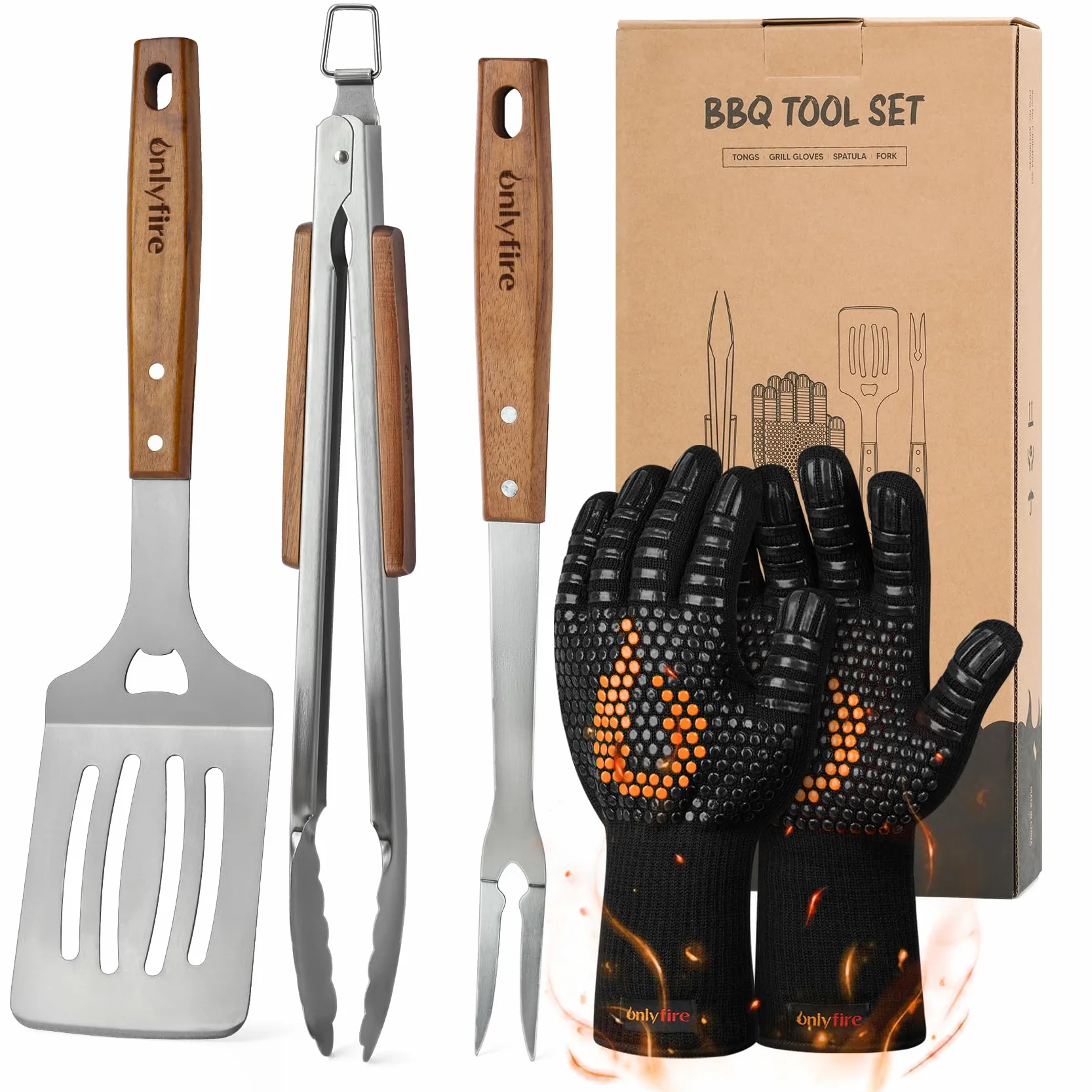 Onlyfire Set d'ustensiles de Barbecue 5 Pièces Acier Inoxydable Pince Spatule Fourchette Gants