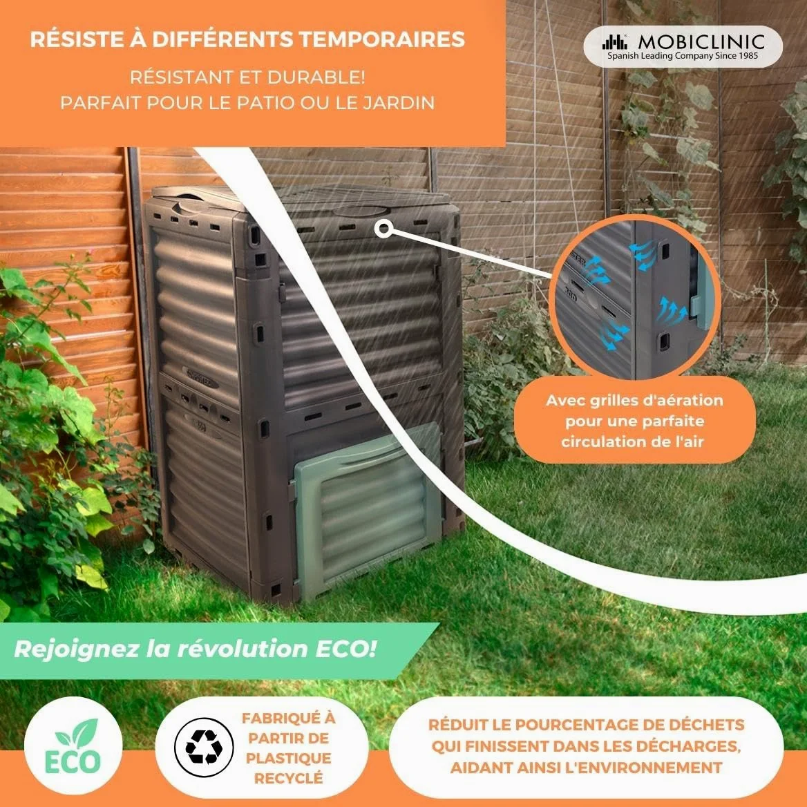 Mobiclinic®, Composteur de Jardin, Biobin, sans Frais supplémentaires, 300l, Ecologique, Transformateur déchets, Outils, Grilles d'aération, Transforme Les en Compost Naturel