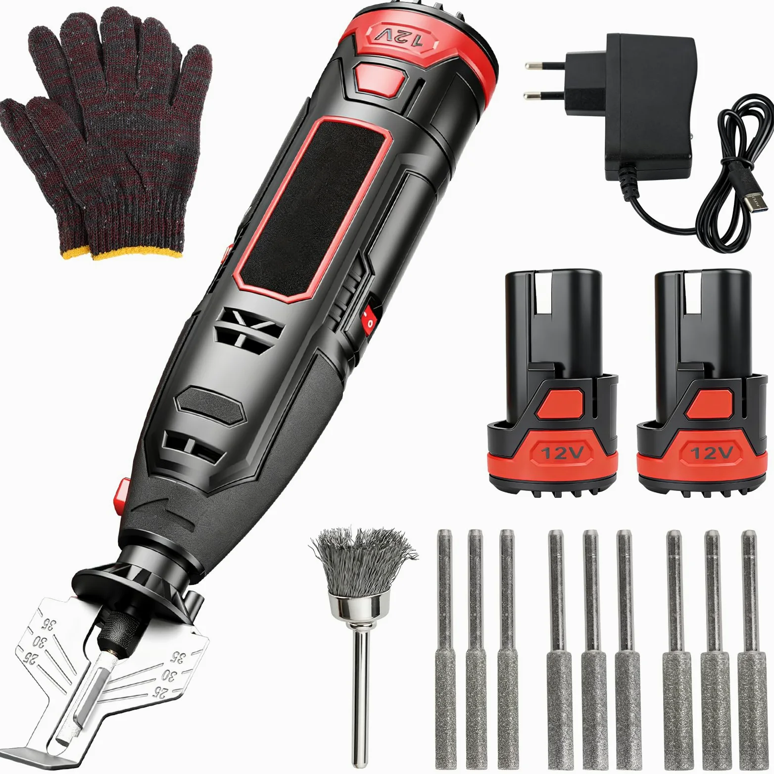 Affûteur de Chaîne de Tronçonneuse Électrique Sans Fil, Aiguiseur | avec 9 Têtes de Meulage, Brosse en Alliage & Guide d’Angle Réglable 25°/30°/35°, USB, pour Tronçonneuses