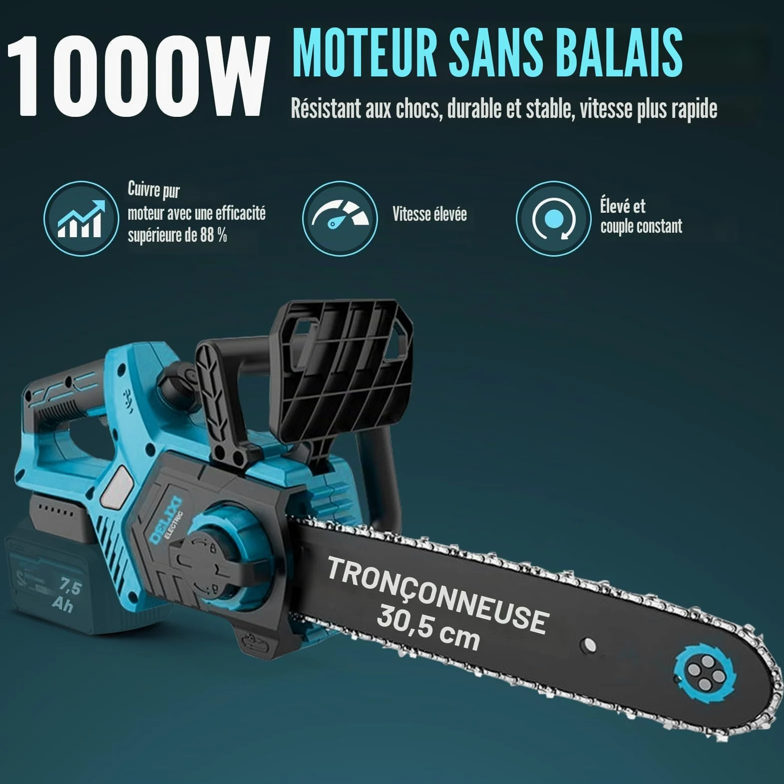 Tronçonneuse à chaîne électrique compatibles avec Makita 18V | 30 cm (12 pouces) Tronçonneuses électriques, moteur sans balais 1000W Tronçonneuse à chaîne électrique, scie à chaîne 30 cm