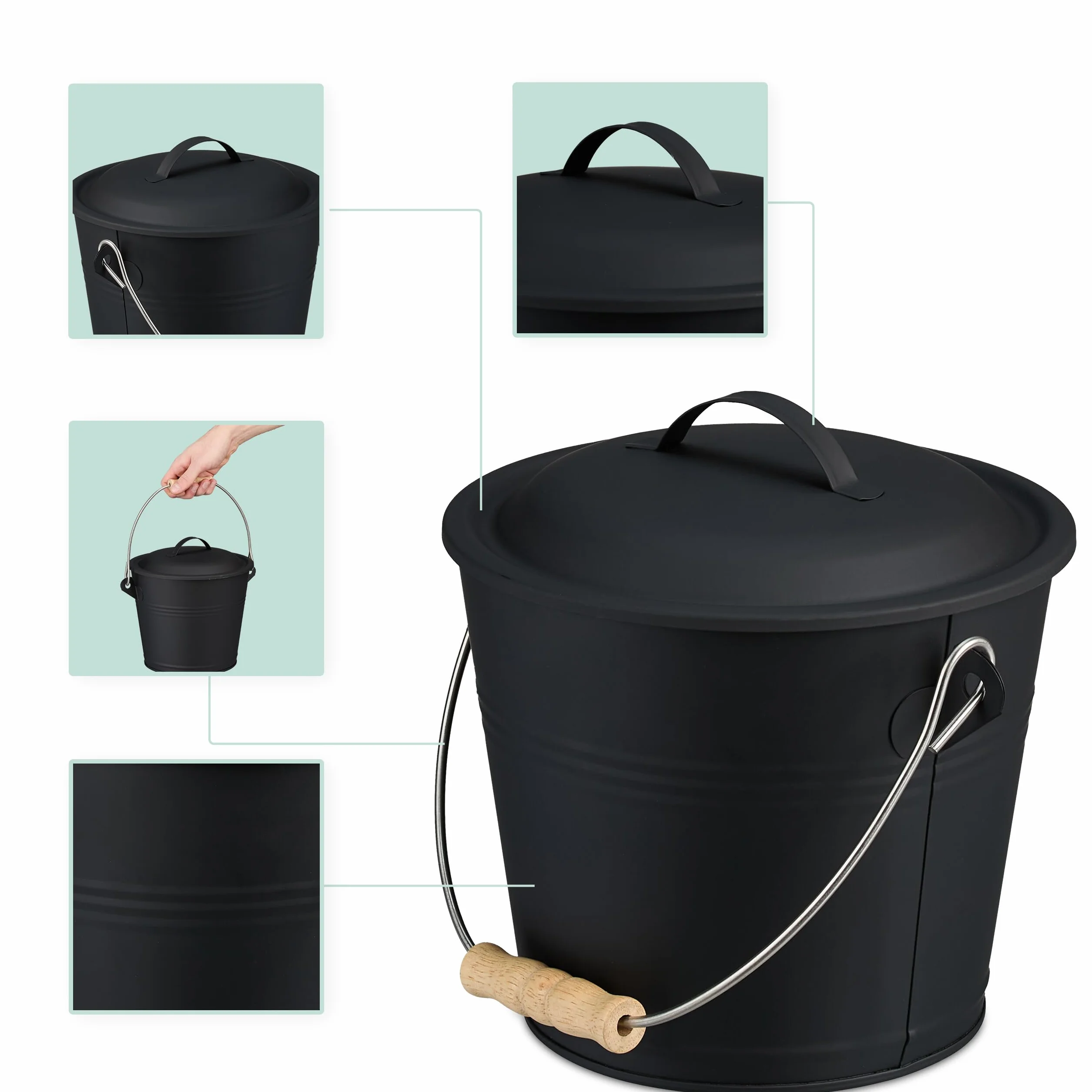 Relaxdays Seau à Cendres 4,5 litres avec Couvercle et Pelle Balayette Noir