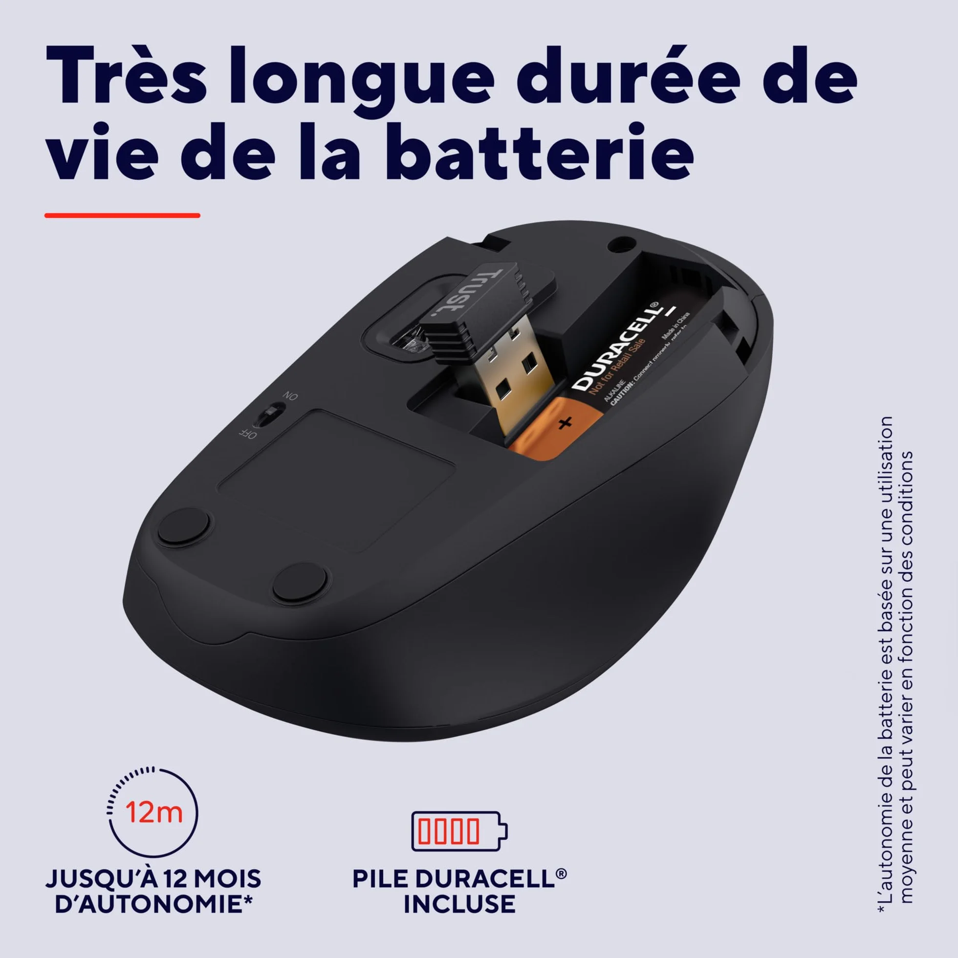 Trust Souris sans Fil Silencieuse 800-1600 DPI Plastique Recyclé Récepteur USB Stockable Compacte pour Ordinateur Portable PC Mac Noir