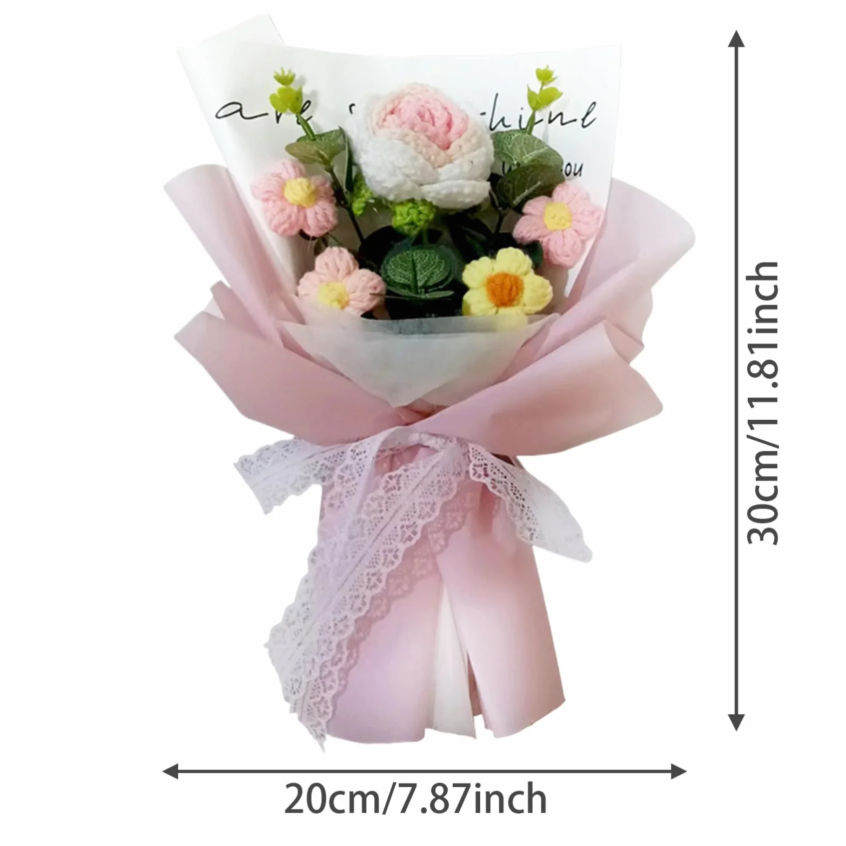 Bouquet de fleurs au crochet 5 têtes roses 7,9 x 11,8 pouces pour mariage Saint-Valentin