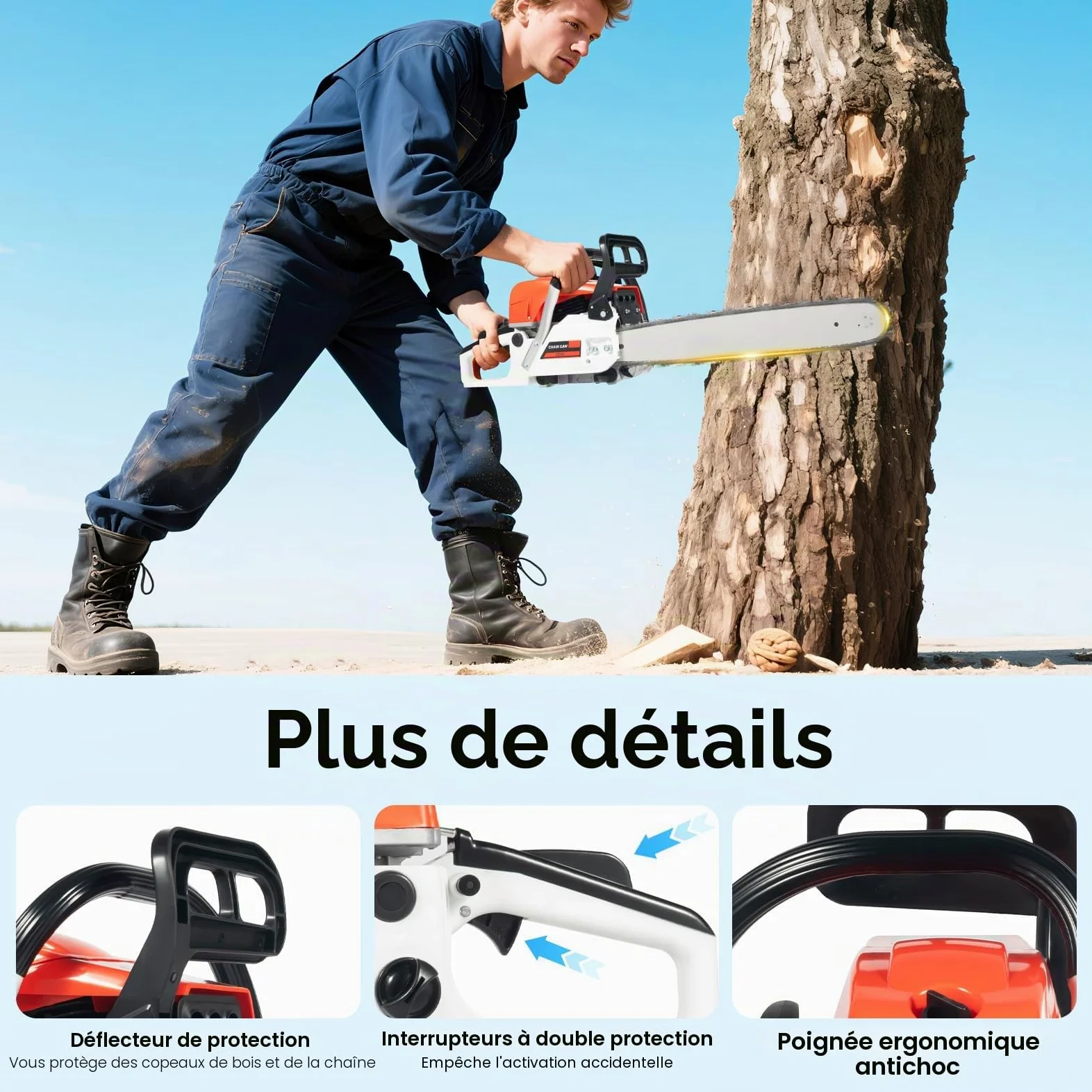 Tronçonneuse Thermique 52cc, moteur 2 temps, 2.0kw Monocylindre | Longueur de la lame de scie 51 cm, refroidi par air,Scie à chaîne à essence pour Coupe de Bois