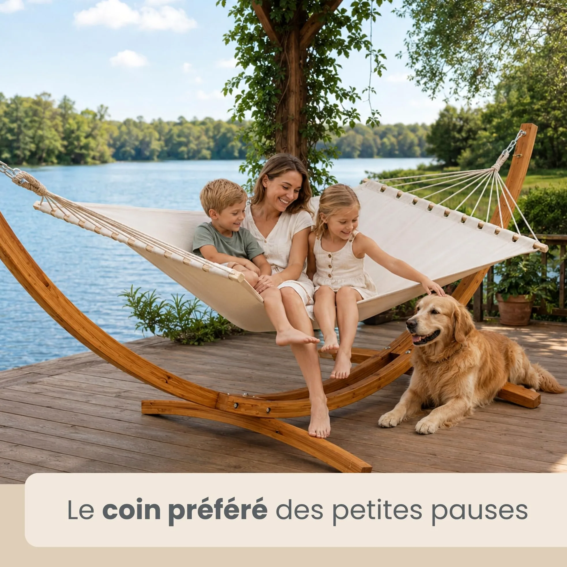 AMANKA Hamac XXL avec Support en Bois de Mélèze - Charge Maximale 150 Kg - pour 2 Personnes - Toile de Coton Suspendue - Structure Stable et Durable avec Mousquetons - Accessoire de Détente