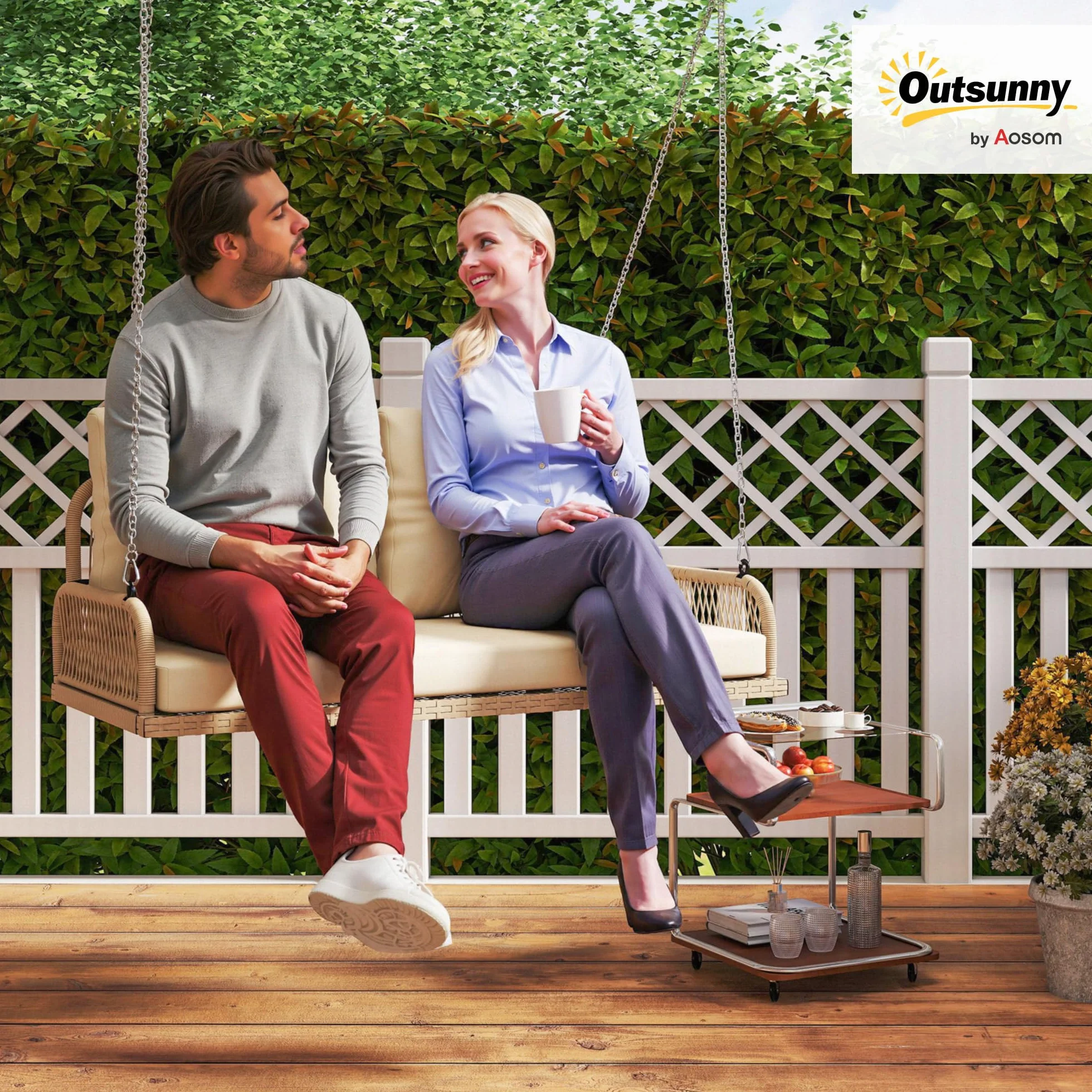 Outsunny Balancelle de Jardin en Résine Tressée 2 Places avec Coussins Amovibles, Charge 240 kg, 115x66x44cm, Beige
