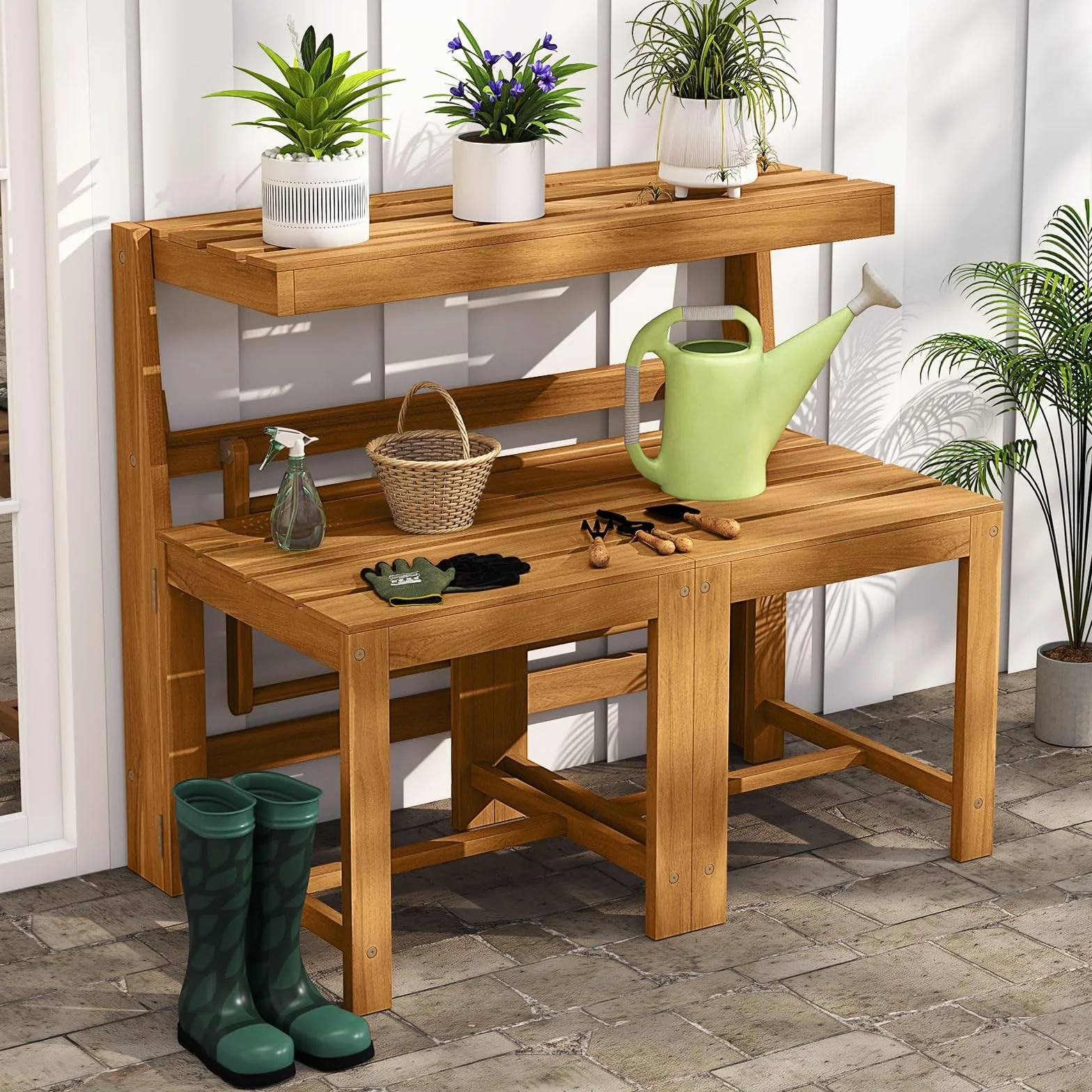 COSTWAY Salon de Jardin 3 en 1 Banc 2 Places Table Rectangulaire Chaises Extérieur Bois d'Acacia Dossiers Inclinés Siège à Lattes