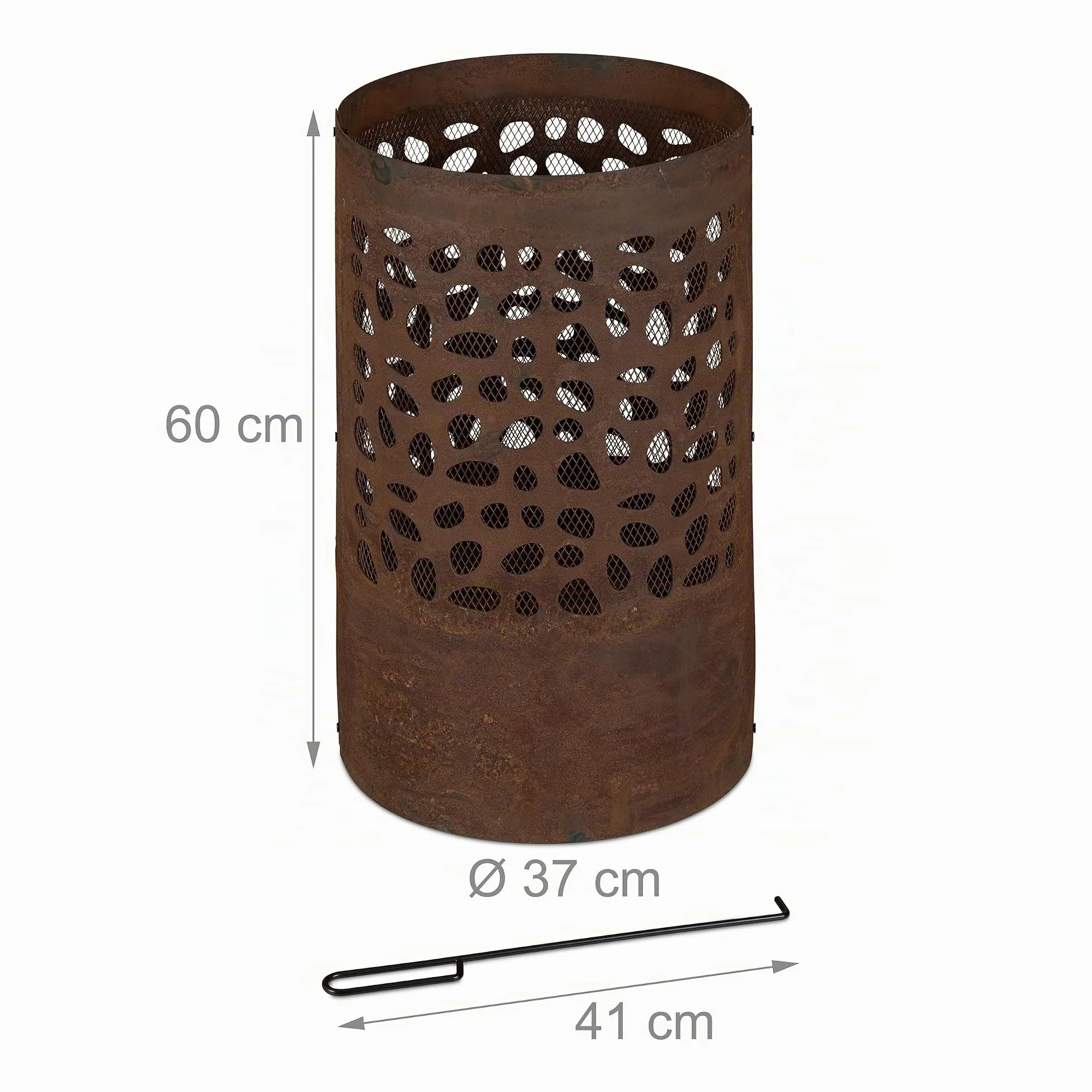 Relaxdays Brasero avec Pare-étincelles, tisonnier et Grille de Foyer, extérieur, H x D : 60x37 cm, Acier Corten, Marron