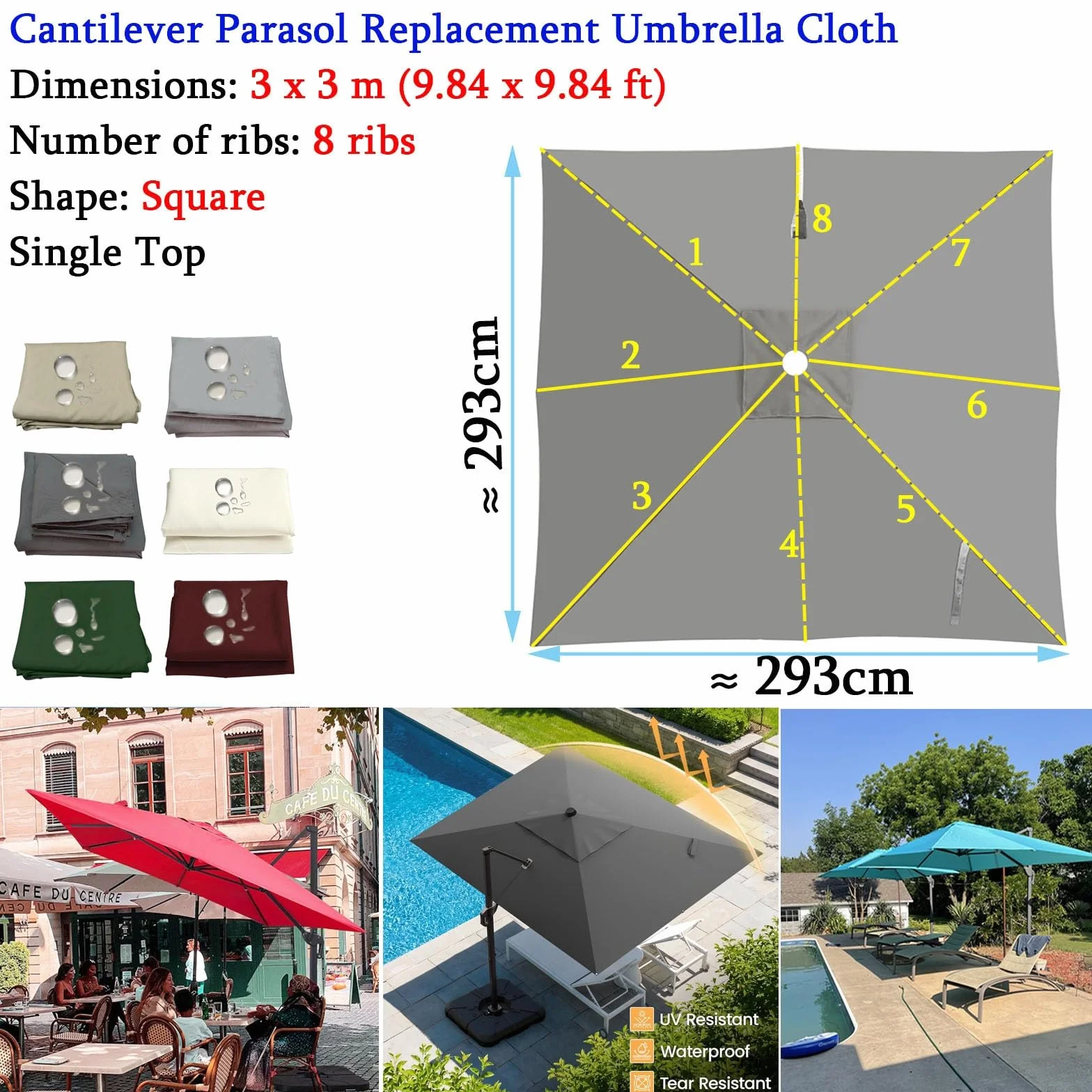 Bâche De Rechange pour Parasol Déporté Carré 3x3m UPF 50+ Imperméable ProtectionUV Toile Canopy