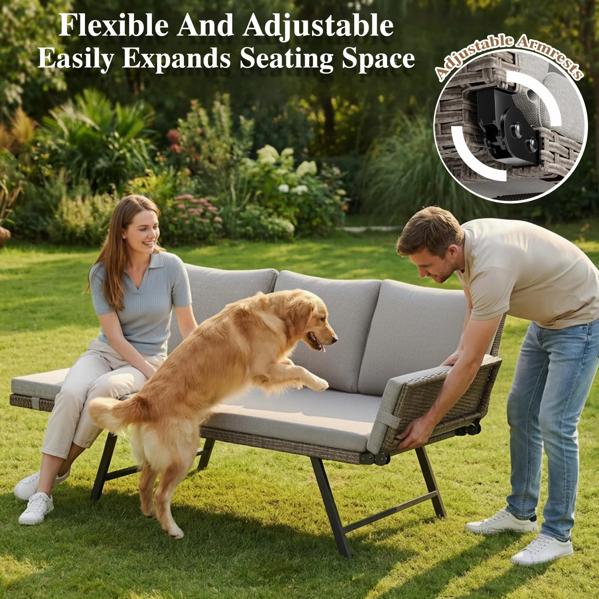 Lot de 2 Canapé de Jardin 2 Places en Poly Rottin avec Accoudoirs Réglables, Chaise Longue pour Terrasse Balcon Patio, Meuble de Jardin avec Coussins Lavables Beige