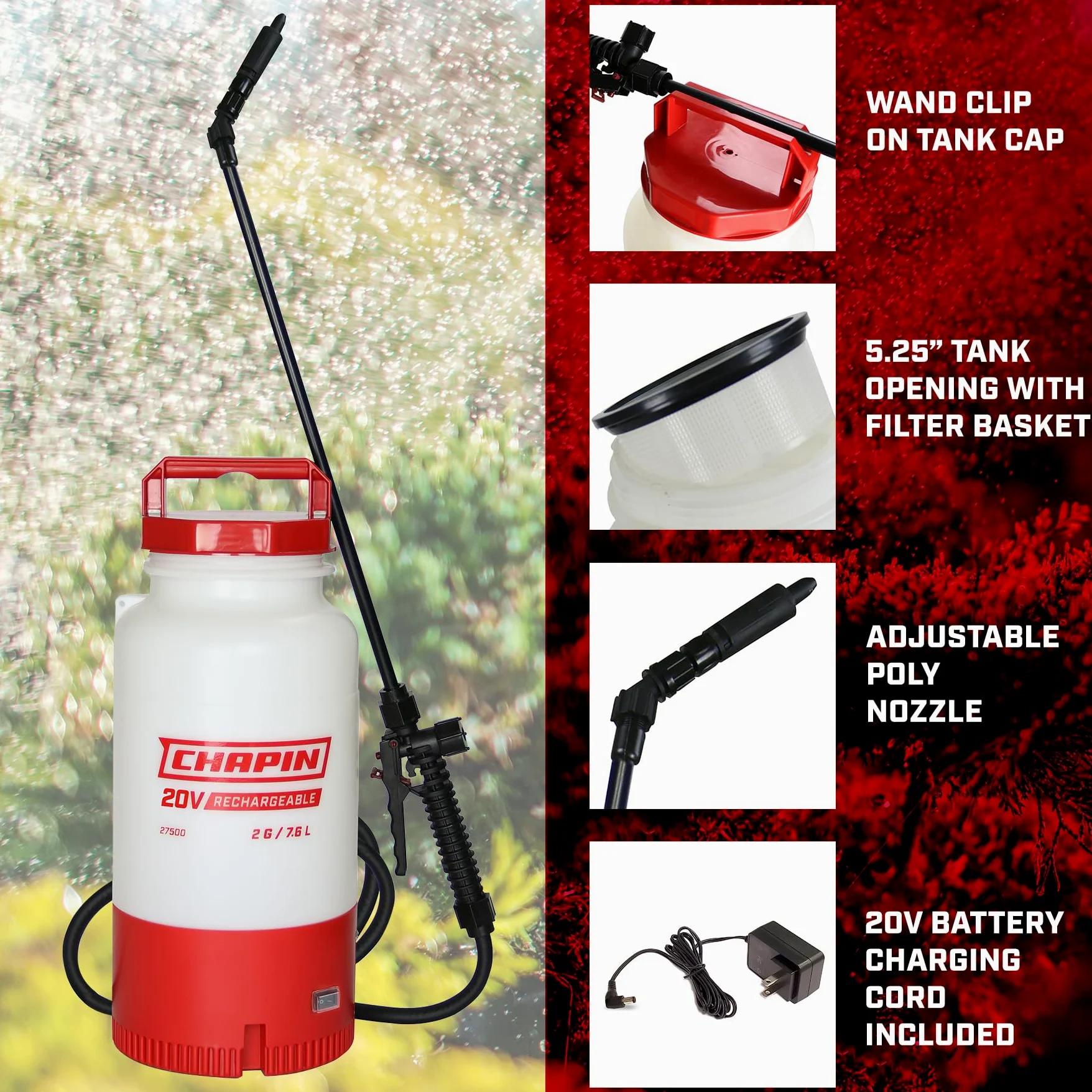 Chapin ProSeries 27504 – Pulvérisateur de réservoir multifonction rechargeable à batterie intégrée de 2 gallons pour pelouse et jardin, engrais, contrôle des insectes et désherbants, blanc translucide