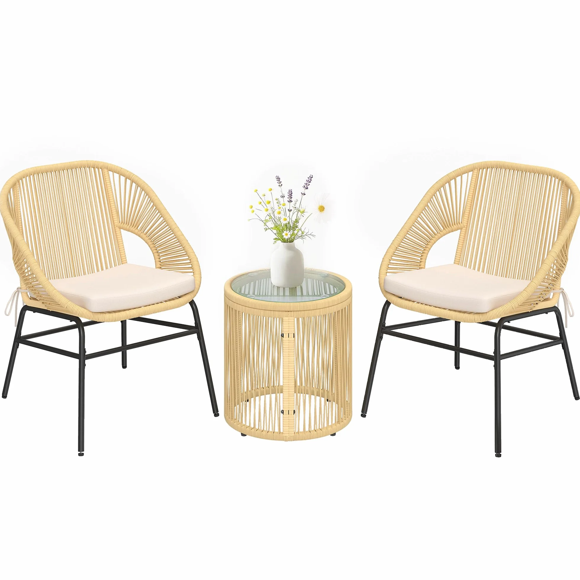 Outsunny Ensemble Bistro 3 Pièces Résine Tressée Salon Balcon 2 Fauteuils Table Verre Trempé Beige