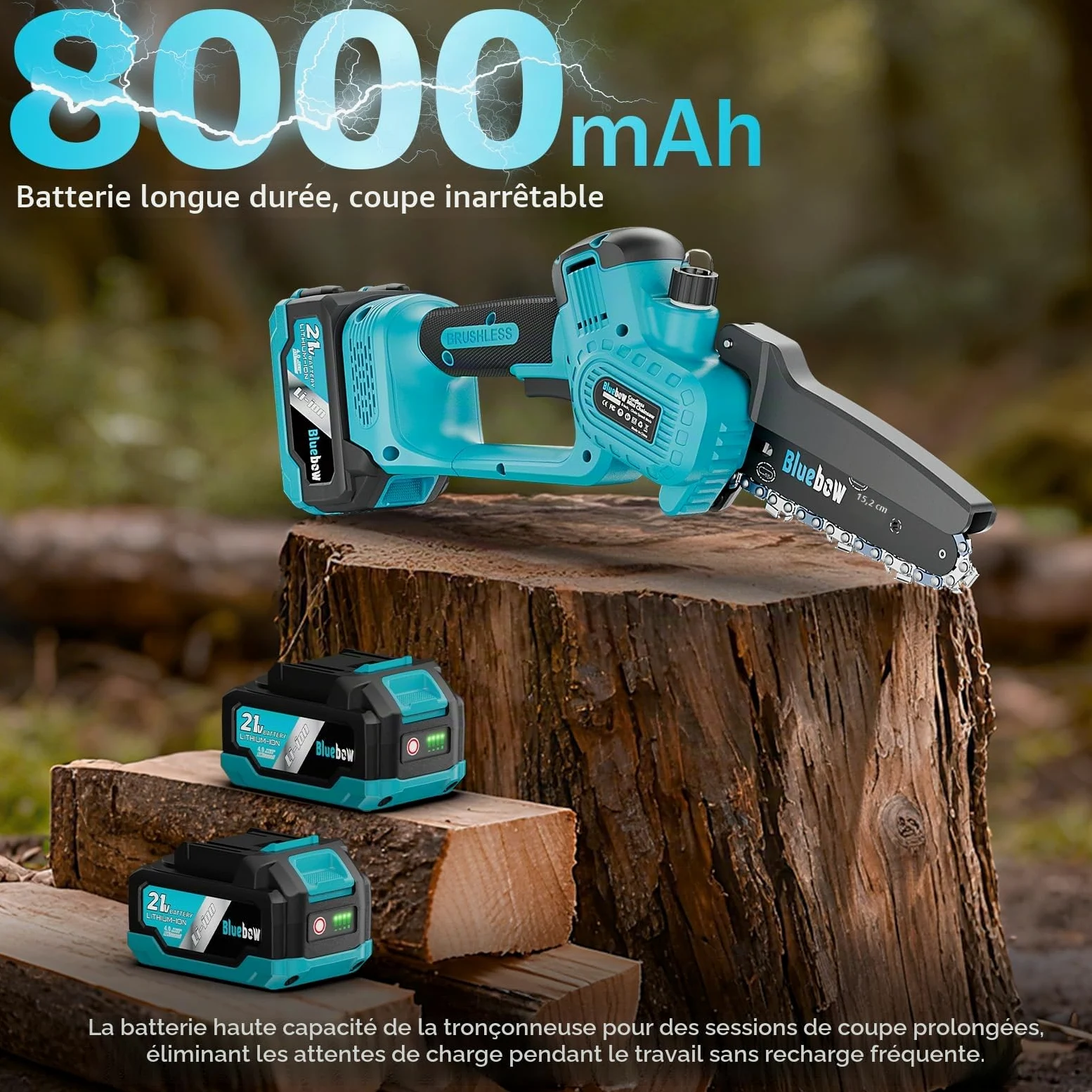 Mini tronçonneuse sans fil de 6 pouces – Scie électrique sans balais avec système d'huile, 2 batteries de 4000 mAh, petite scie à chaîne sans fil avec batterie et chargeur pour couper des arbres