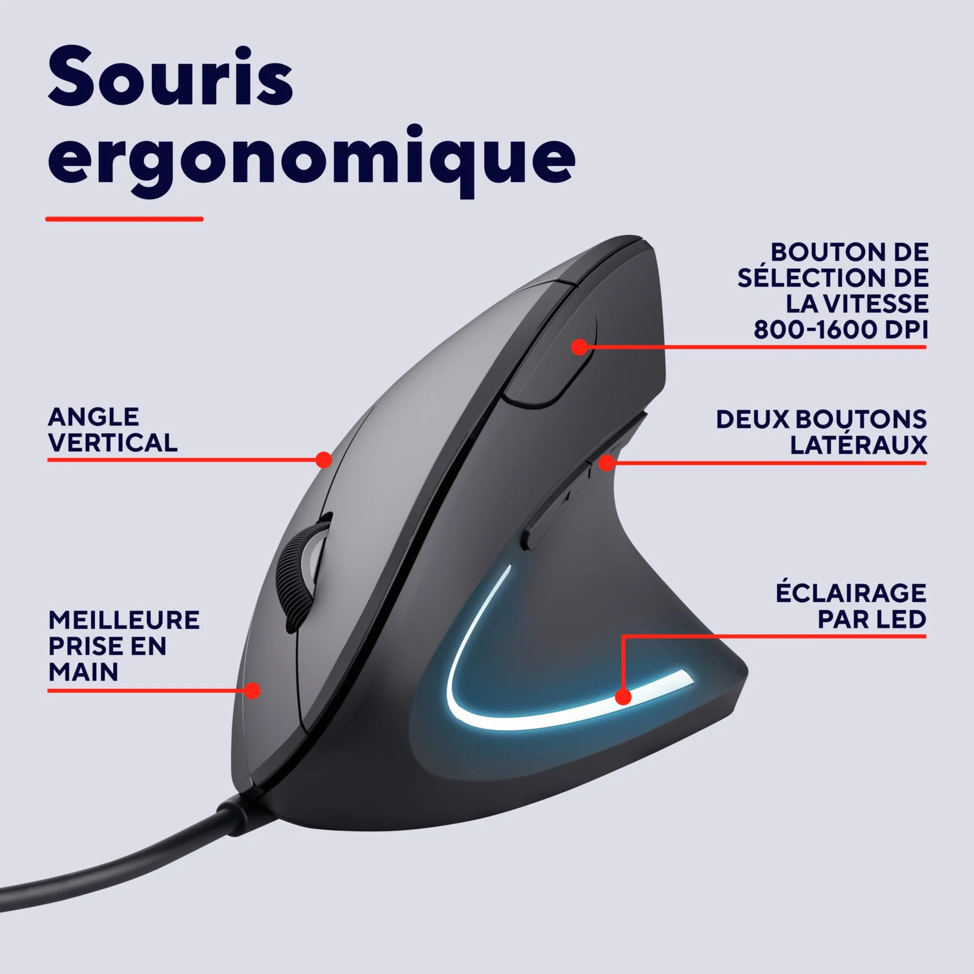 Trust Verto Souris Ergonomique Verticale Filaire 1000-1600 DPI 6 Boutons LED Noir