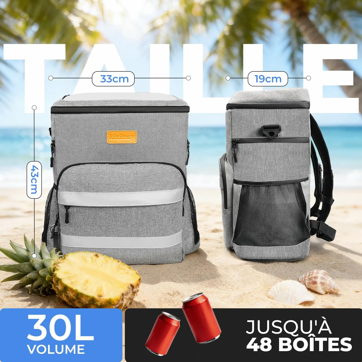 Sac à Dos Isotherme 30L Pliable - Grand Capacité, Maintient au Frais 24H, Léger et Imperméable pour Pique-Nique, Plage, Voyage, Pêche, Barbecue, Gris