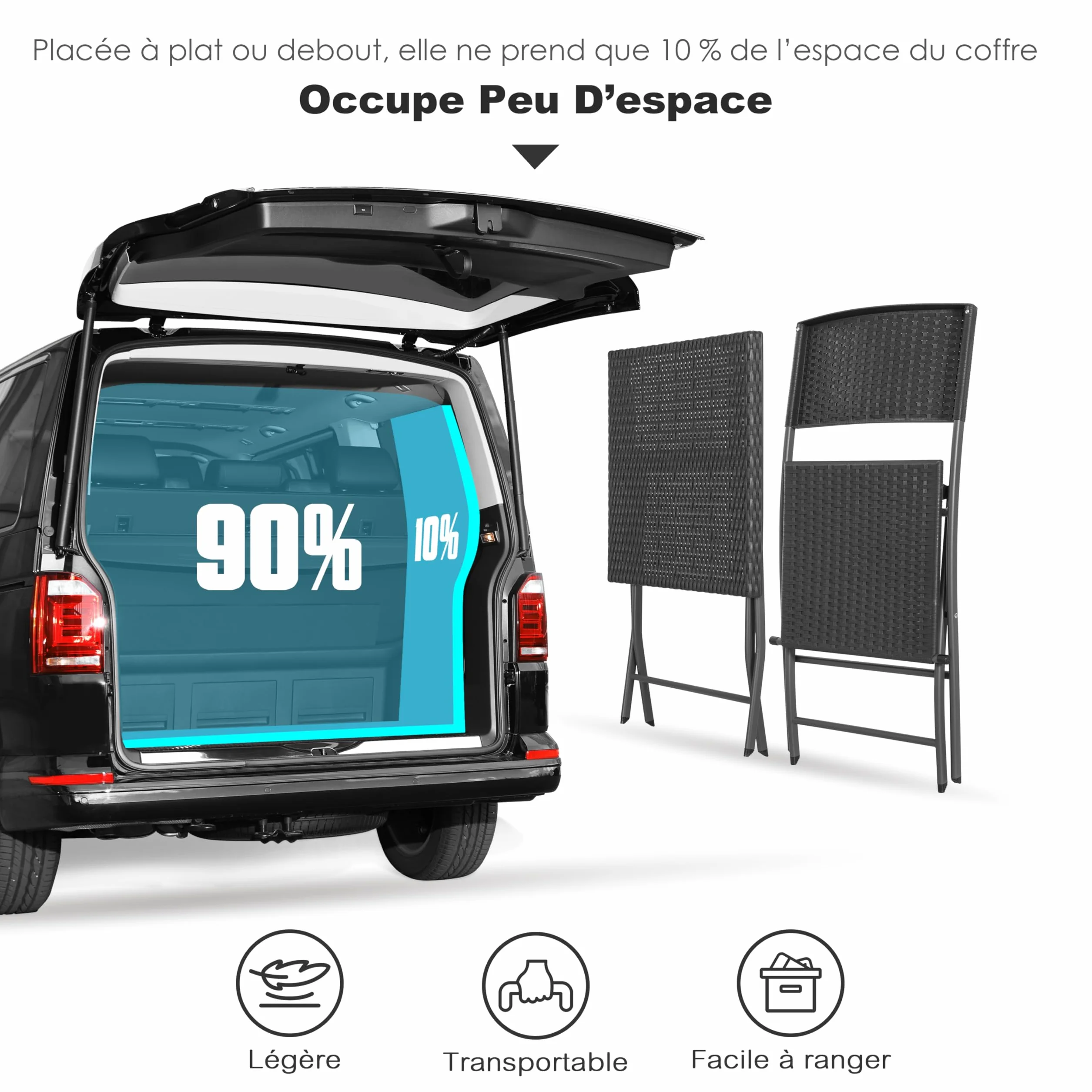 Avestar Ensemble de Bistrot Pliable 3 Pièces Table & 2 Chaises en Rotin PP, Résistant aux Intempéries, Noir