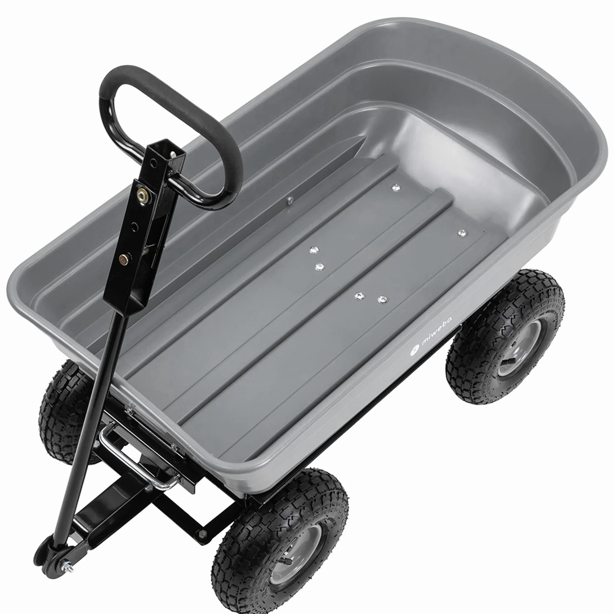 Miweba Chariot de Transport Dumper | Capacité 300 kg - Bac en PP - Basculement - Chariot à Main - Attelage - Essieu Directeur - Pneus gonflables - Brouette - Chariot de Jardin (Gris) | Fonction basculante - Volume 75 l - Diable - Brouette - Chariot de tra