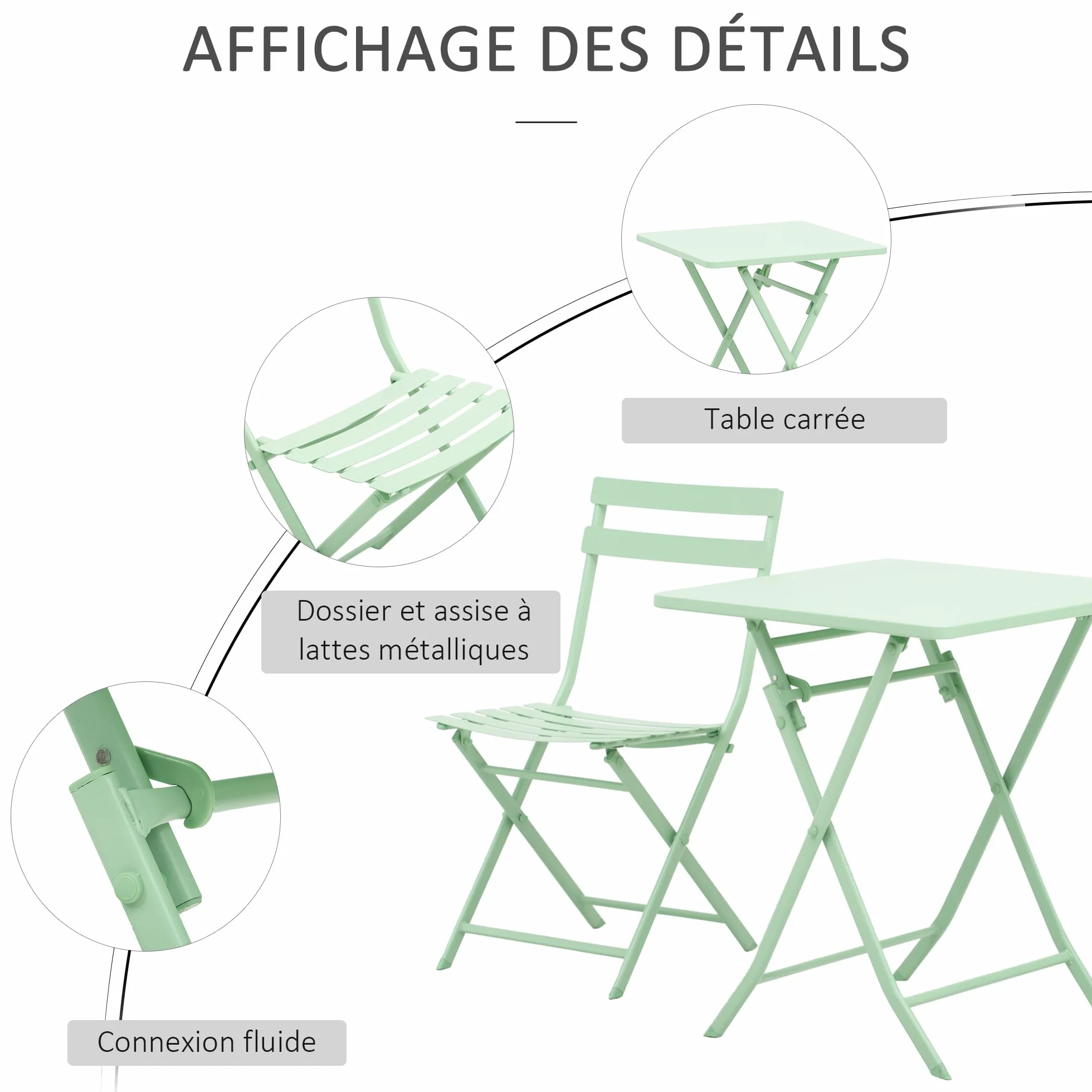 Outsunny Salon de Jardin Bistro Pliable Table Carrée 60x60x71 cm Métal Thermolaqué Vert d'Eau avec 2 Chaises