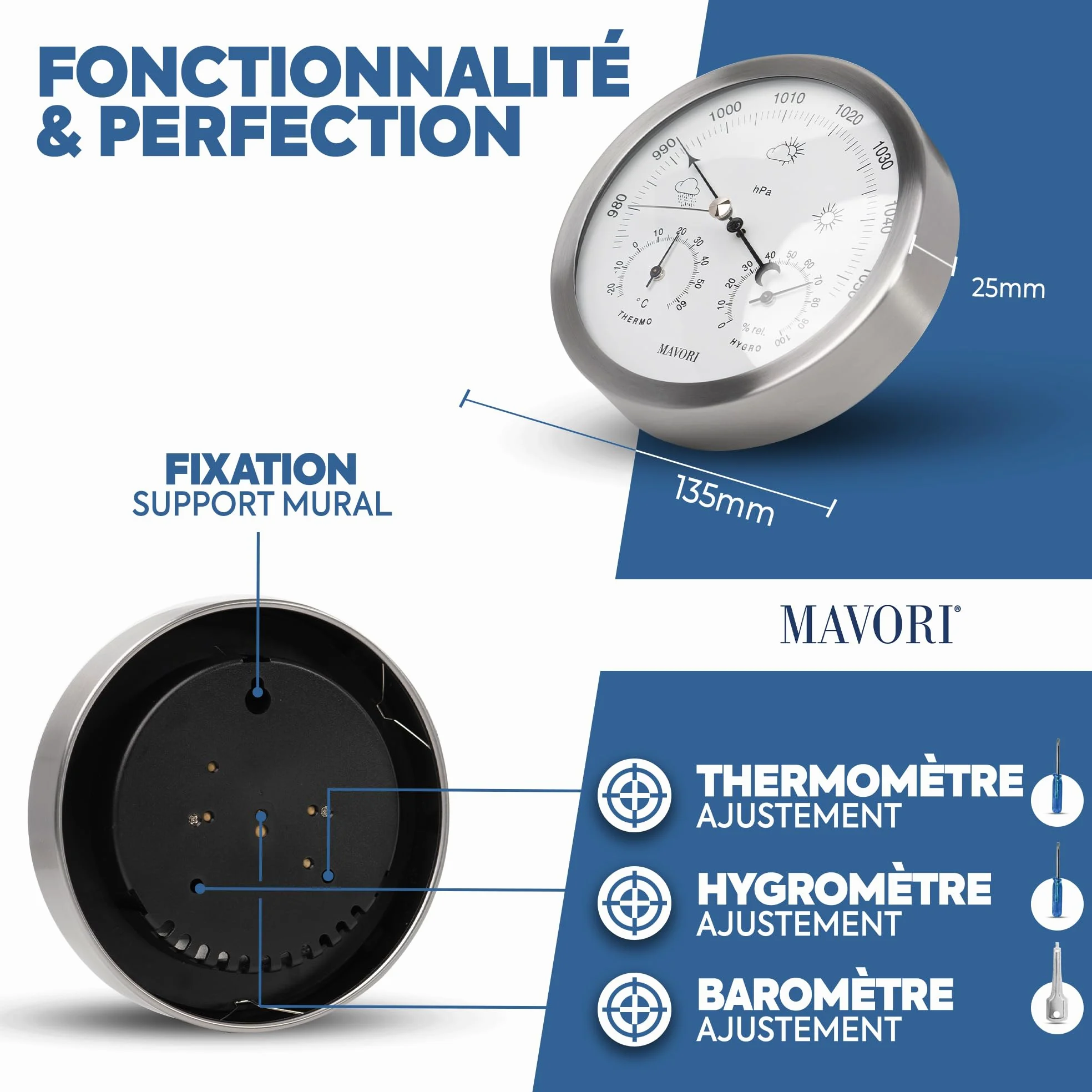 Station météo analogique - 3en1 baromètre, thermomètre & hygromètre pour intérieur et extérieur - Ø 13,5cm cadre en acier inoxydable avec verre acrylique au design moderne