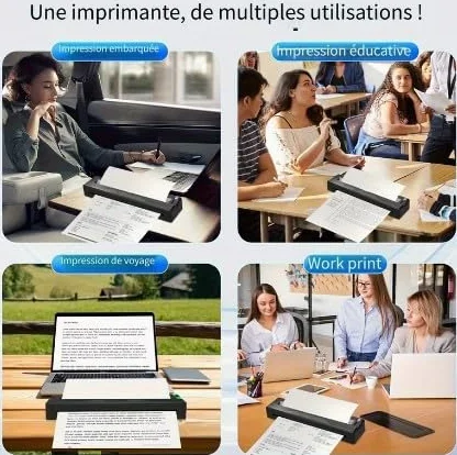 Imprimante Thermique Portable A4 sans Encre Bluetooth Compatible iOS Android Noir