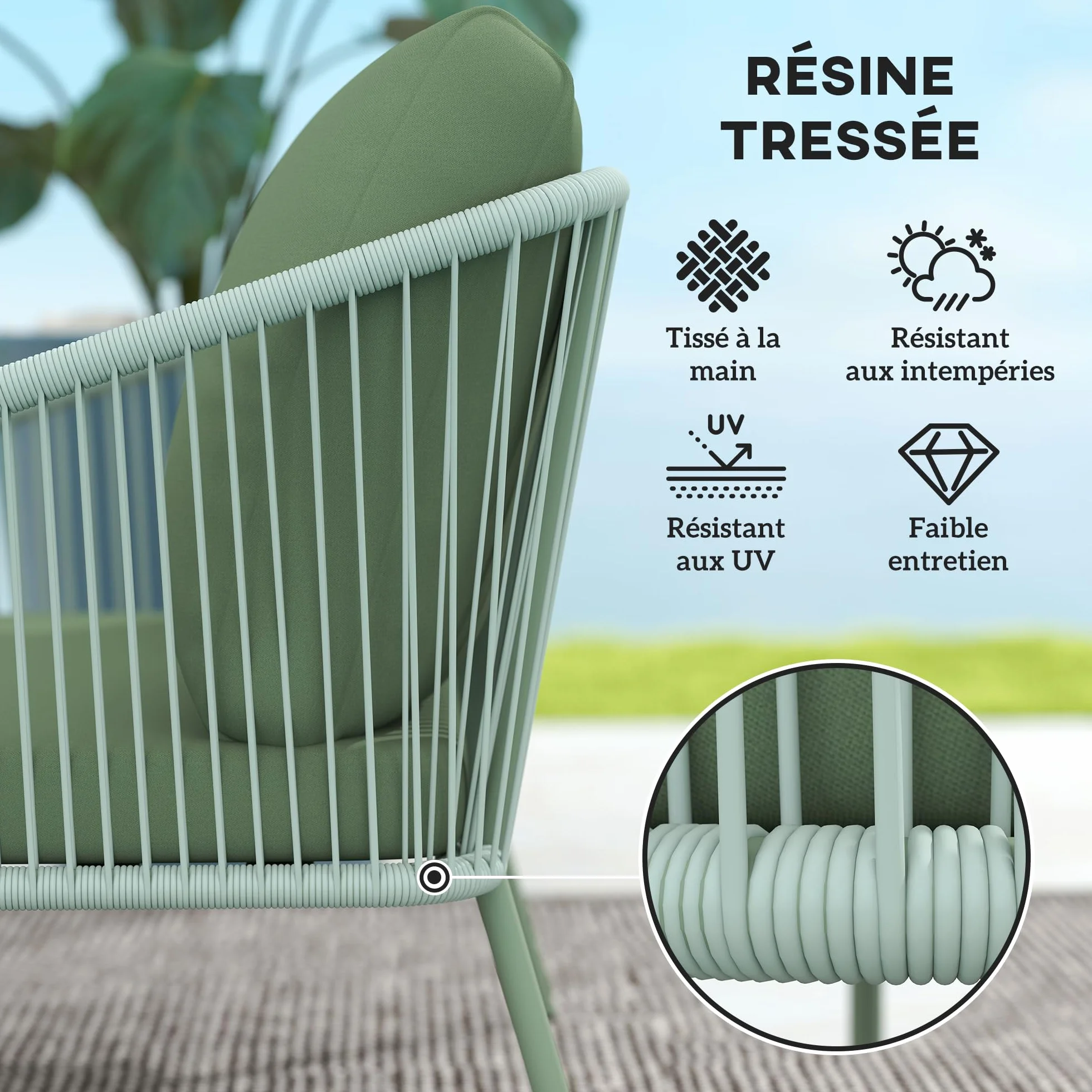 Outsunny Canapé de Jardin 2 Places Résine Tressée Coussins Accoudoirs Cadre Acier Vert
