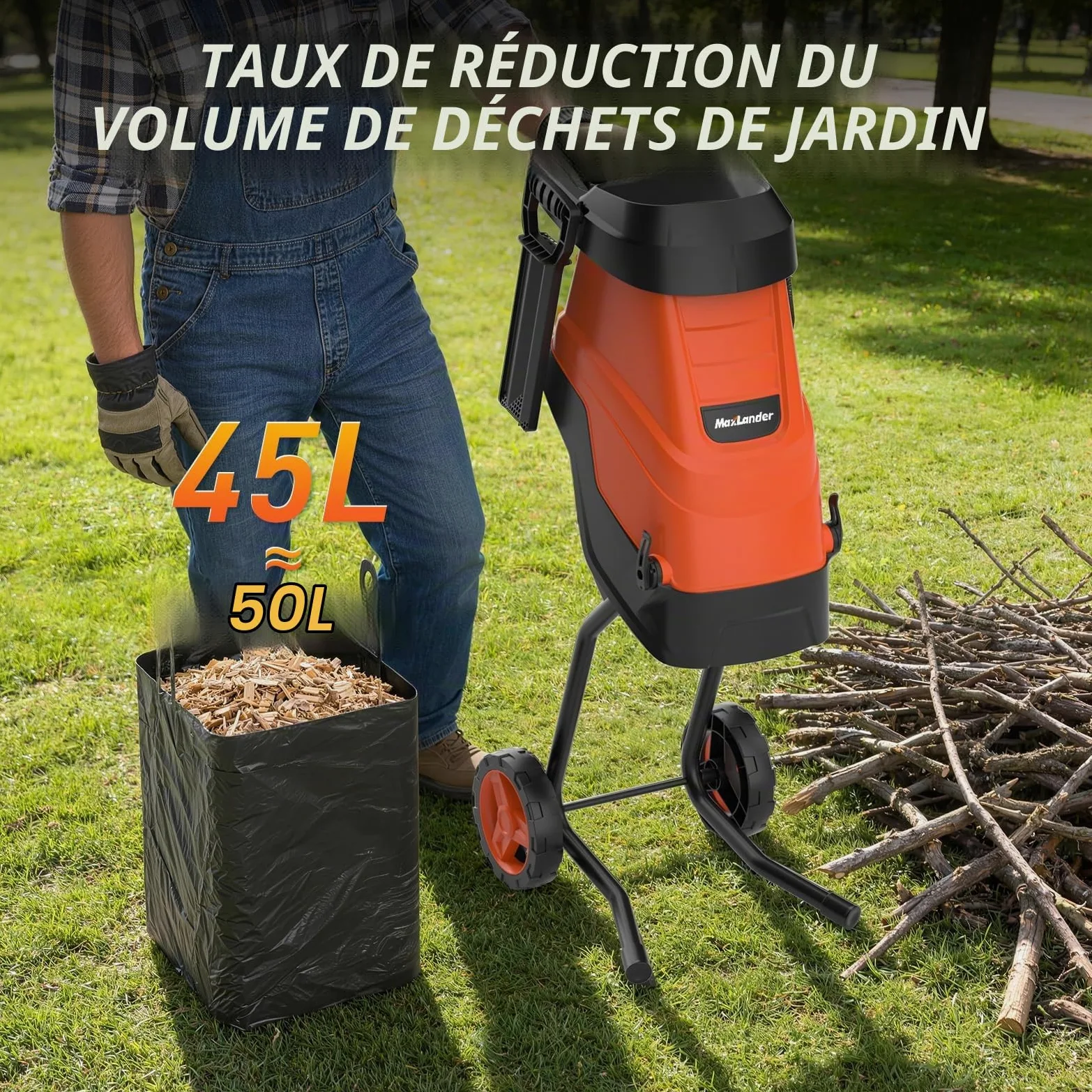 MAXLANDER 2600W broyeur vegetaux et Branches | Broyeur végétaux thermique 45 mm, lames SK5 double face + bac 45 L, pour compost et nettoyage jardin